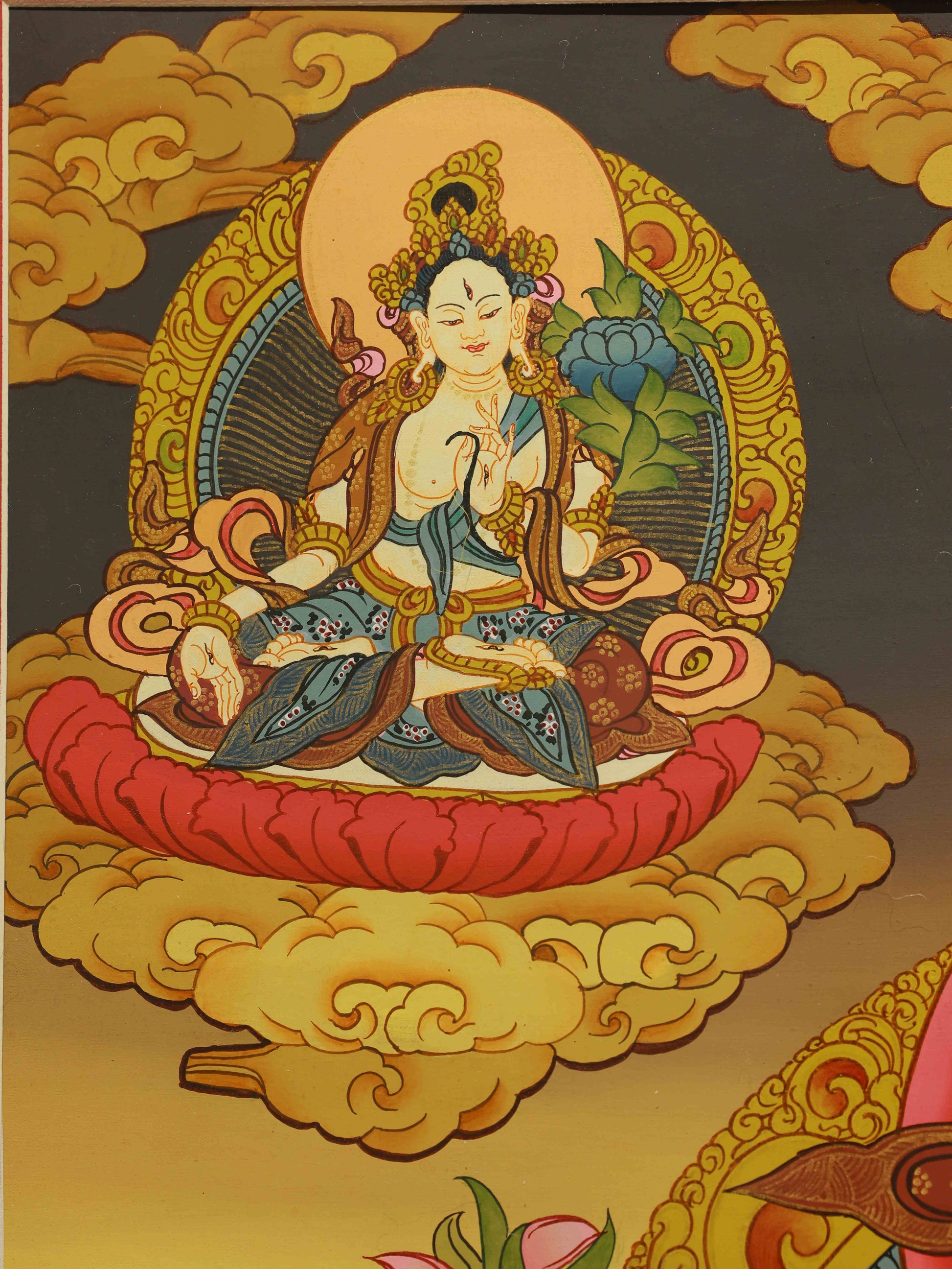 Tibetan Thangka Painting of Yellow Dzambhala – Handmade Mineral Pigments Art