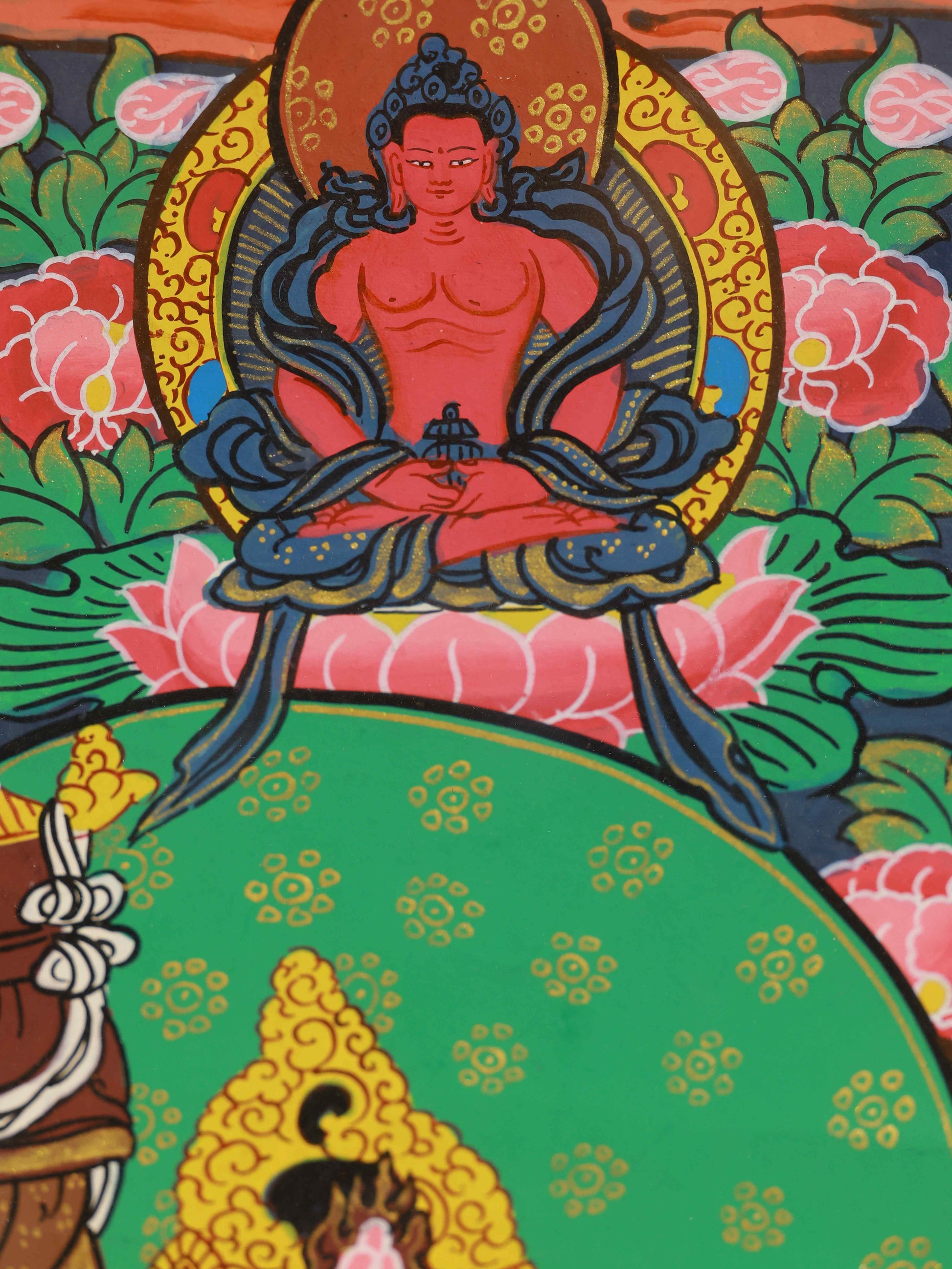 Hand-painted Tibetan Thangka of Yellow Jambhala – Spiritual art for abundance and luck.