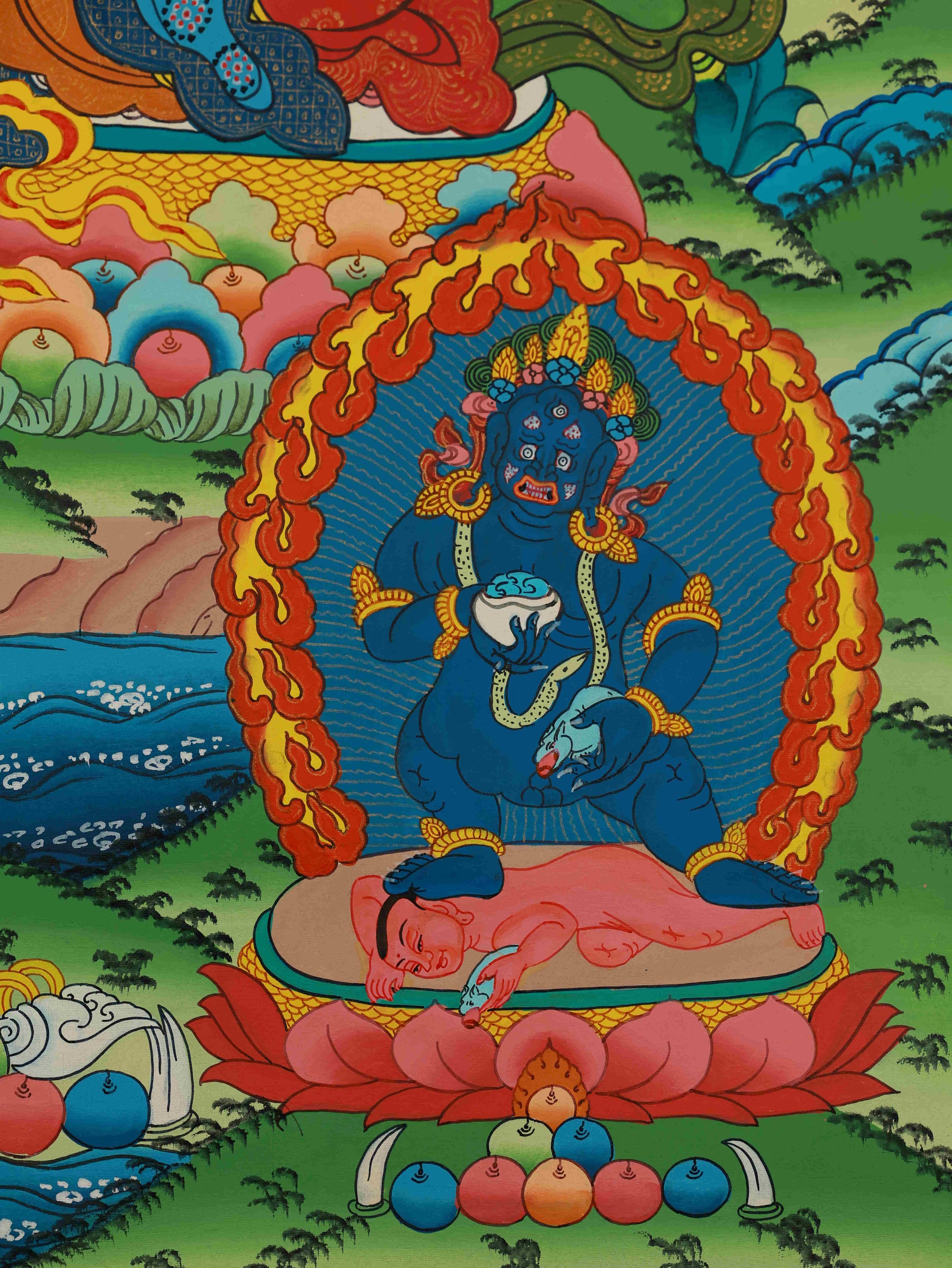 Yellow Jambhala Tibetan Thangka, handmade on traditional canvas, 75x50cm, perfect for home or office altar.