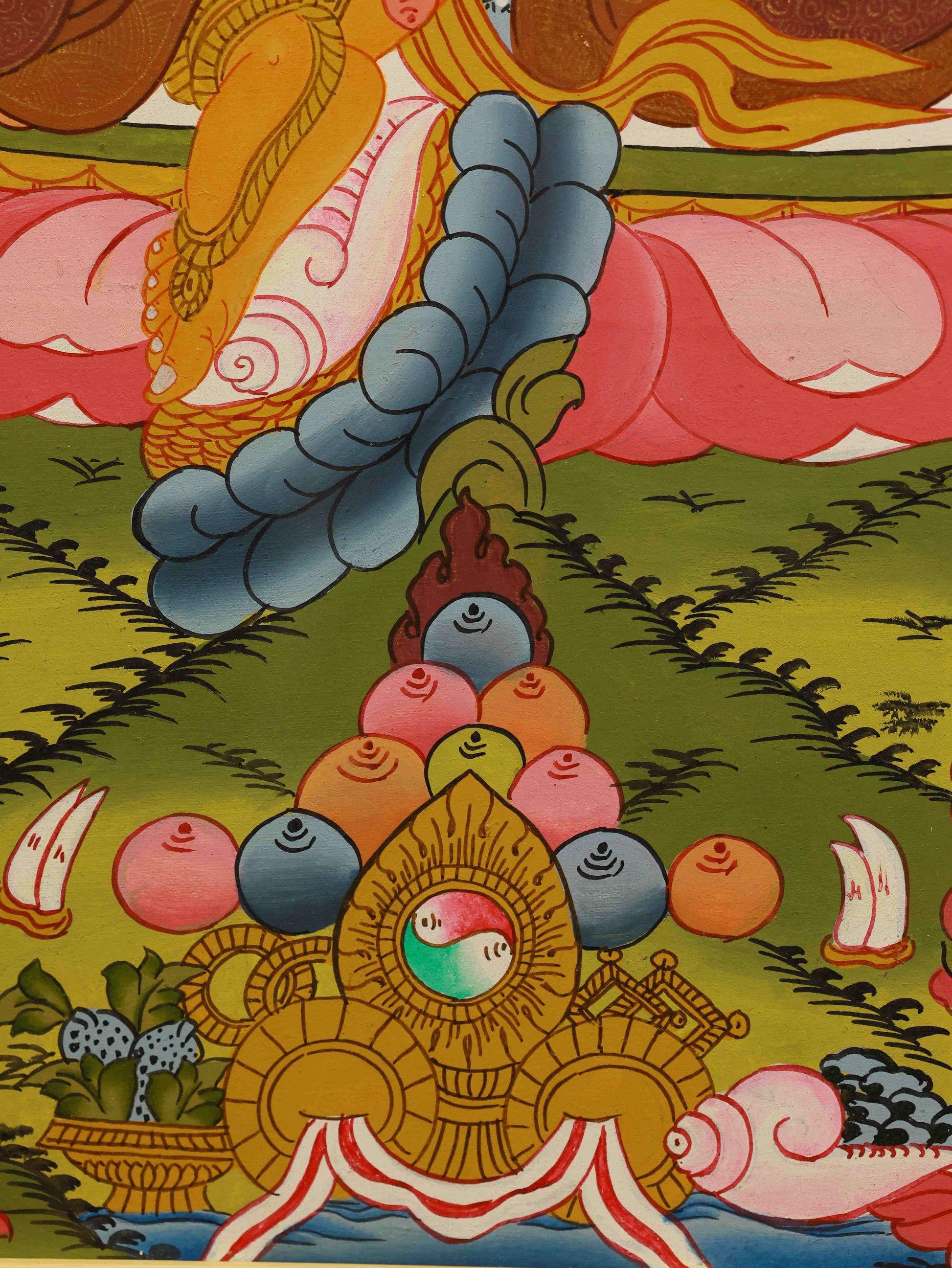 Yellow Dzambhala Thangka painting for success, wealth, and spiritual harmony.