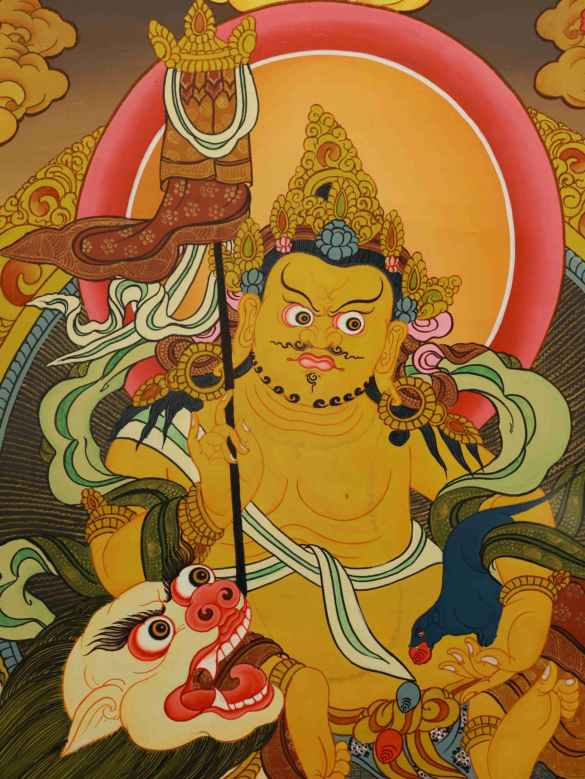 Handmade Tibetan Buddhist Thangka of Yellow Dzambhala, Deity of Wealth and Fortune
