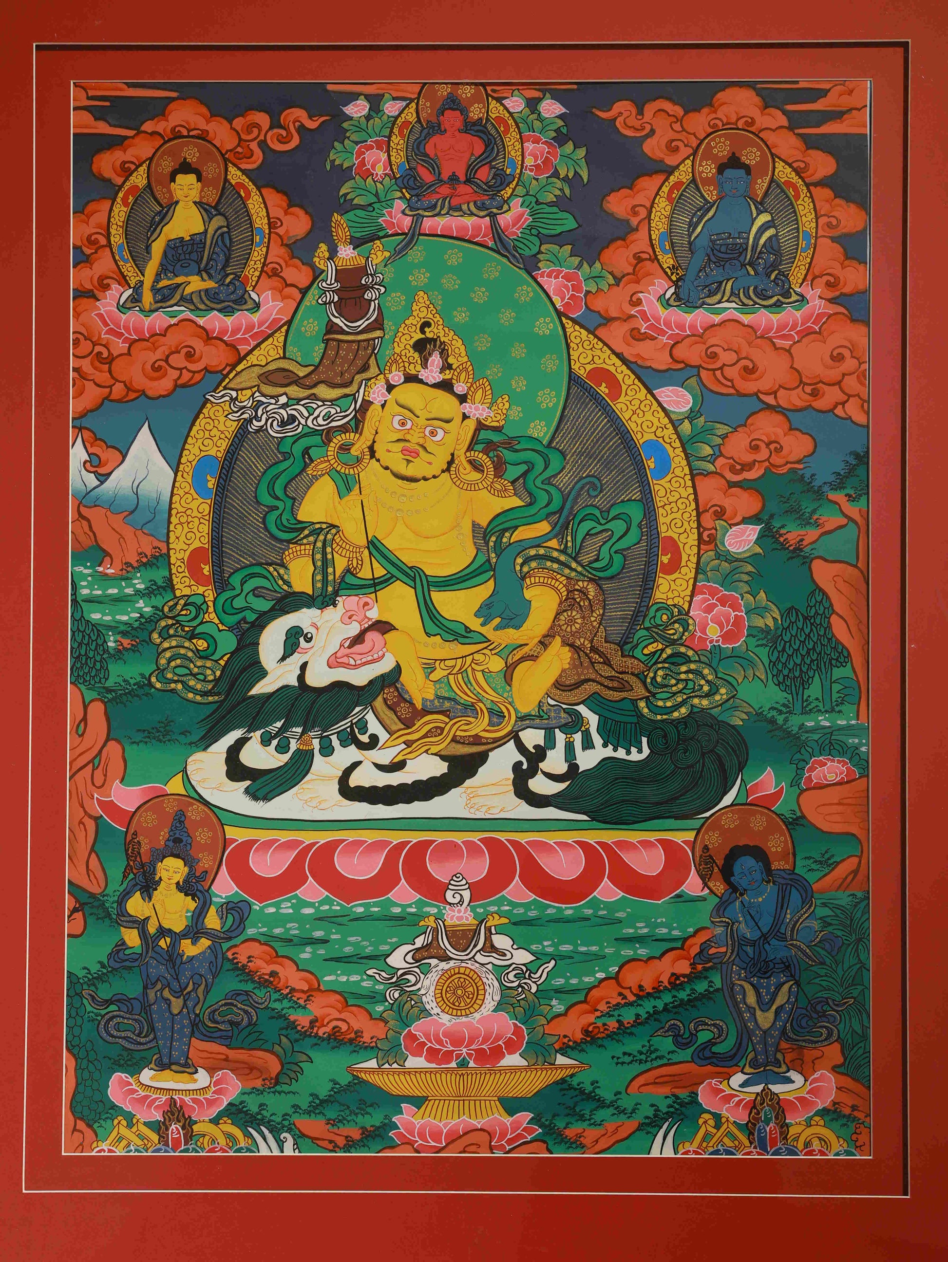 Handmade Tibetan Buddhist Yellow Dzambhala Thangka Painting – Symbol of wealth, generosity, and abundance.