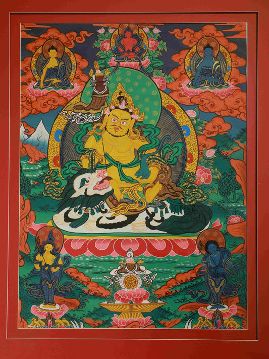 Handmade Tibetan Buddhist Yellow Dzambhala Thangka Painting – Symbol of wealth, generosity, and abundance.