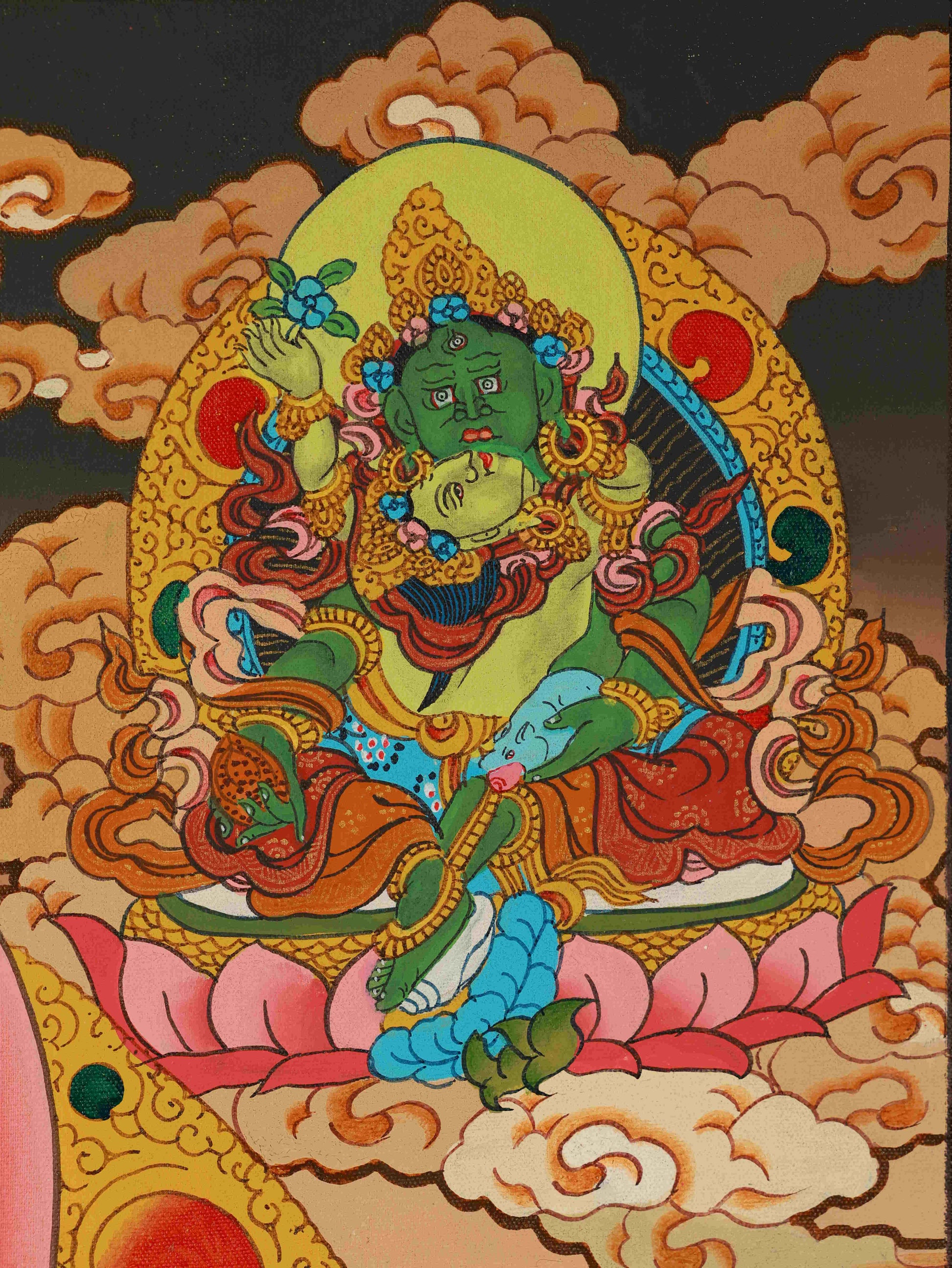 Handmade Tibetan Thangka painting of Yellow Dzambhala, crafted with sacred precision and mineral pigments.