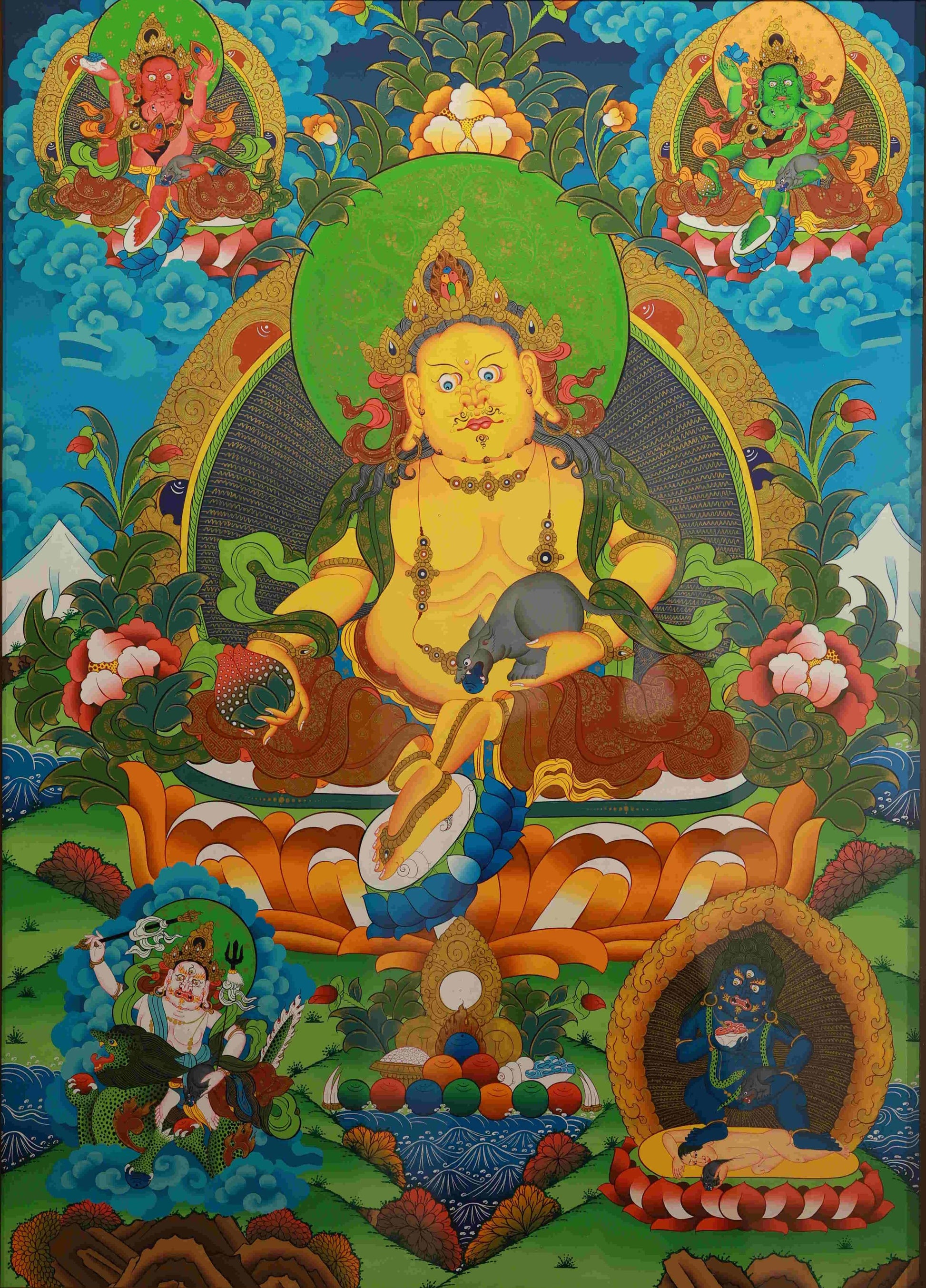 Handmade Tibetan Thangka of Yellow Dzambhala for wealth and prosperity.