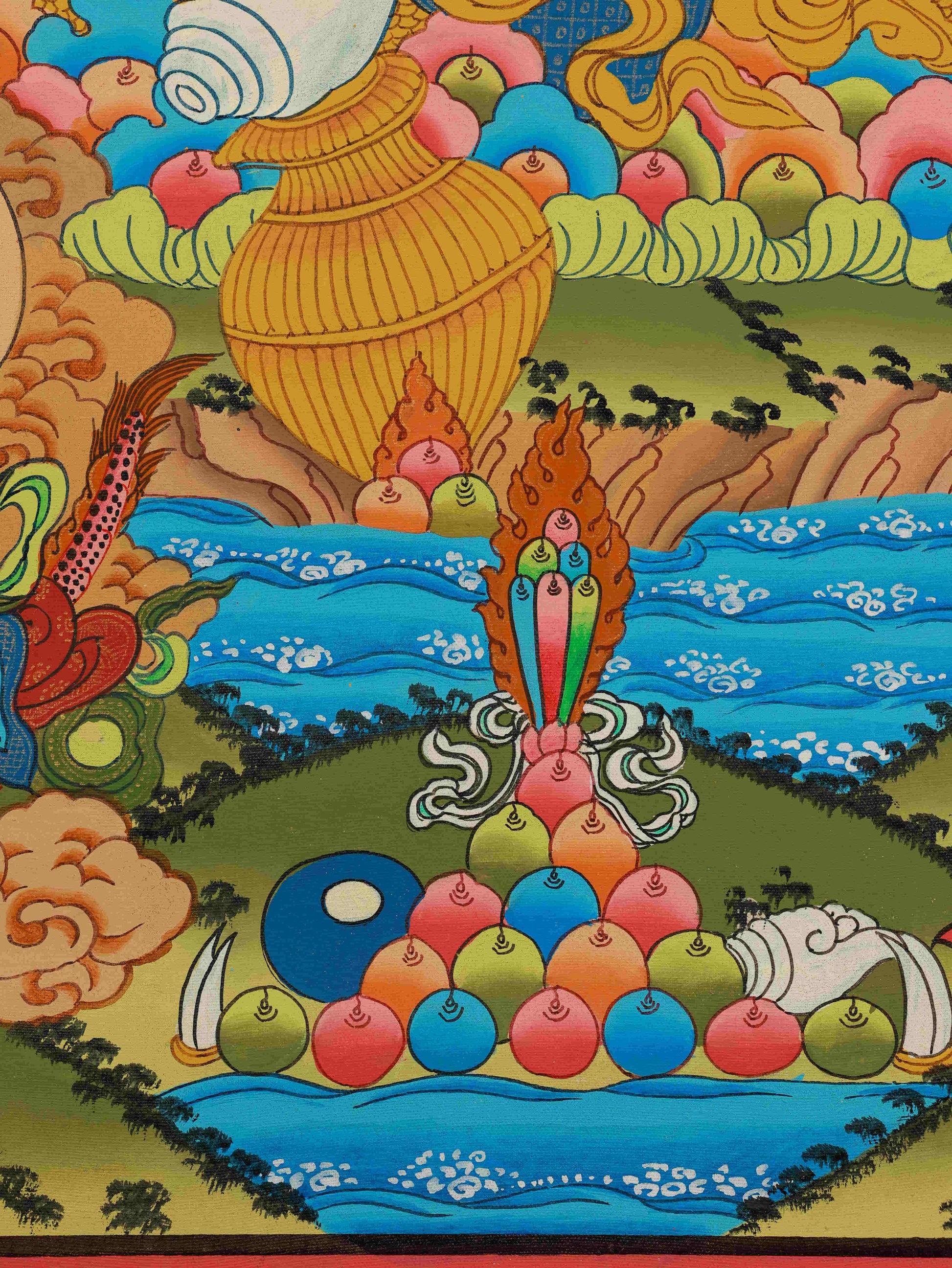 Traditional Tibetan Thangka painting of Yellow Jambhala, Buddhist deity of wealth and abundance.