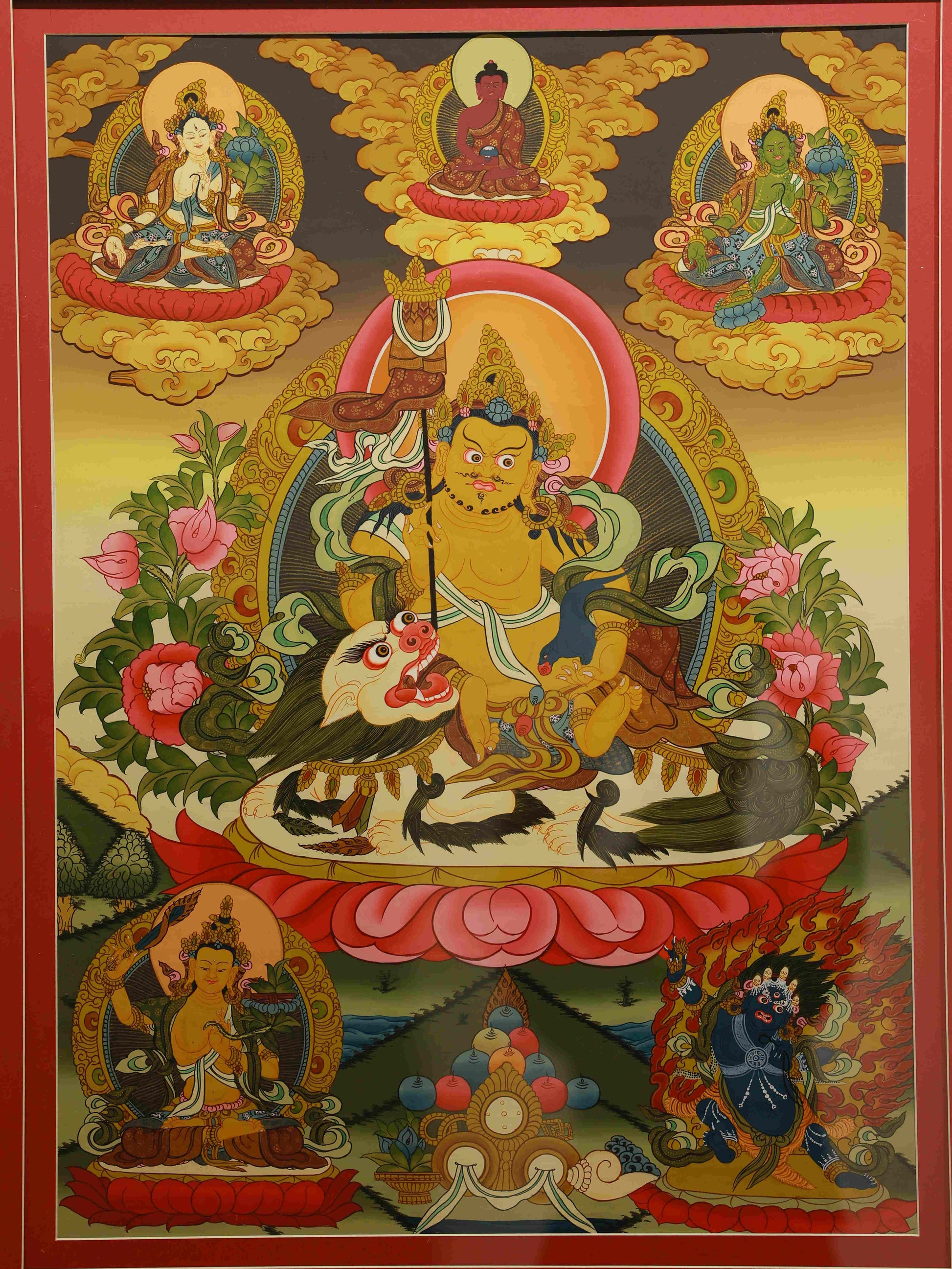 Handmade Tibetan Thangka Painting of Yellow Dzambhala, the Buddhist Wealth Deity