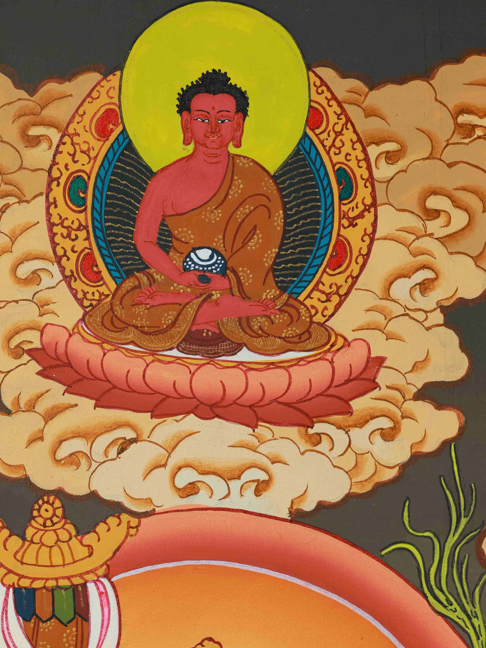 Sacred Tibetan-buddhist Buddha art Thangka of Yellow Jambhala, a hand-painted masterpiece that embodies the blessings of wealth and generosity.