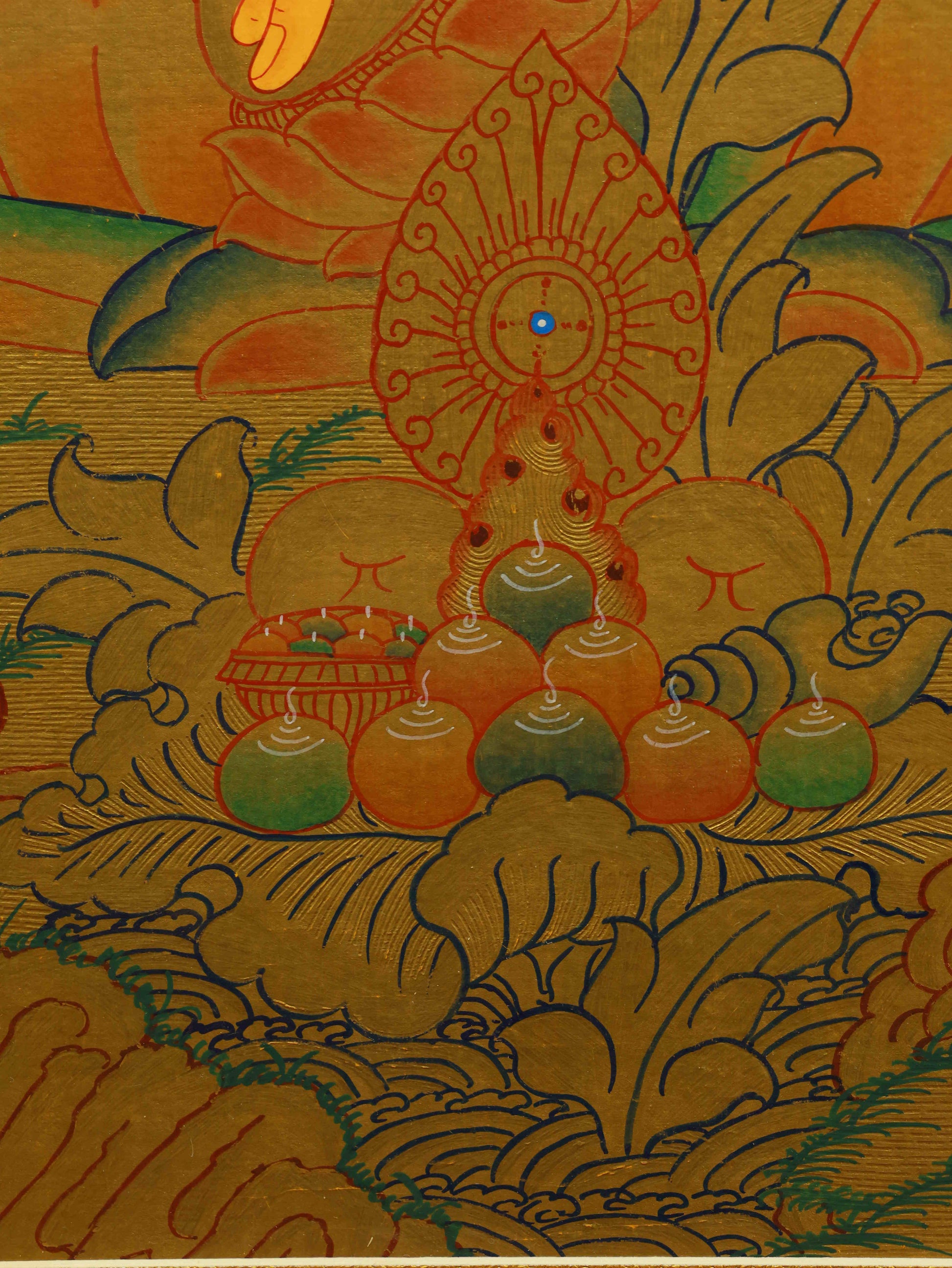 Hand-painted Yellow Jambhala Buddha Thangka, created using gold foil and mineral pigments on canvas.
