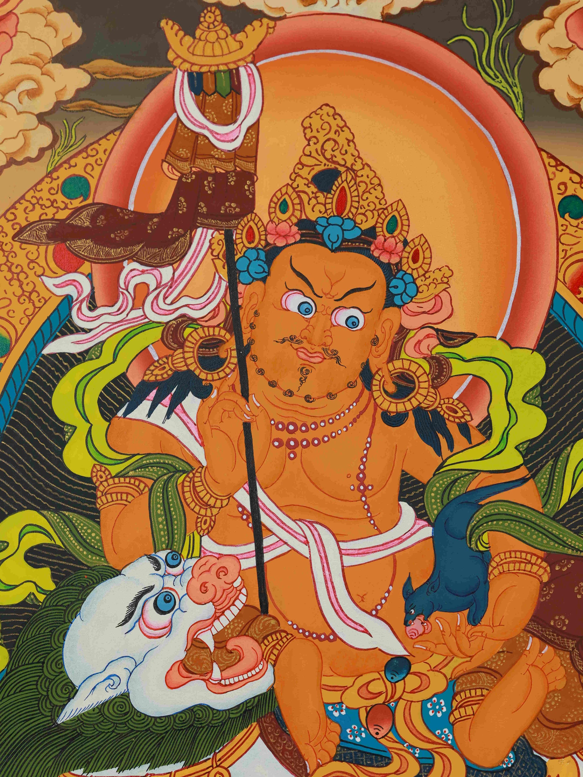 Authentic Tibetan Buddha art Thangka of Yellow Jambhala, made with mineral pigments, representing the power of prosperity and spiritual abundance.