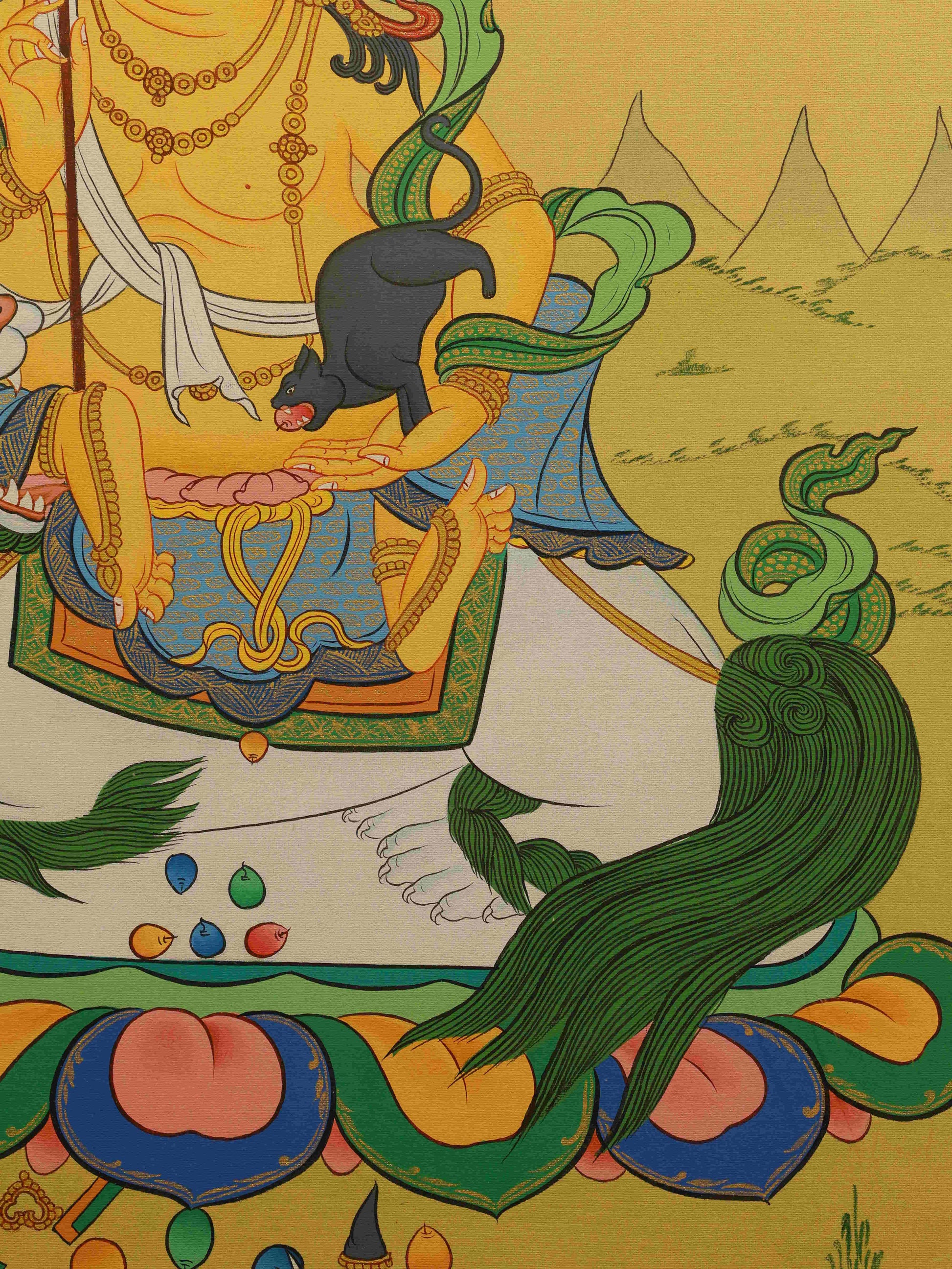 Tibetan Buddhist Yellow Jambhala Thangka - Wealth and Prosperity Artwork