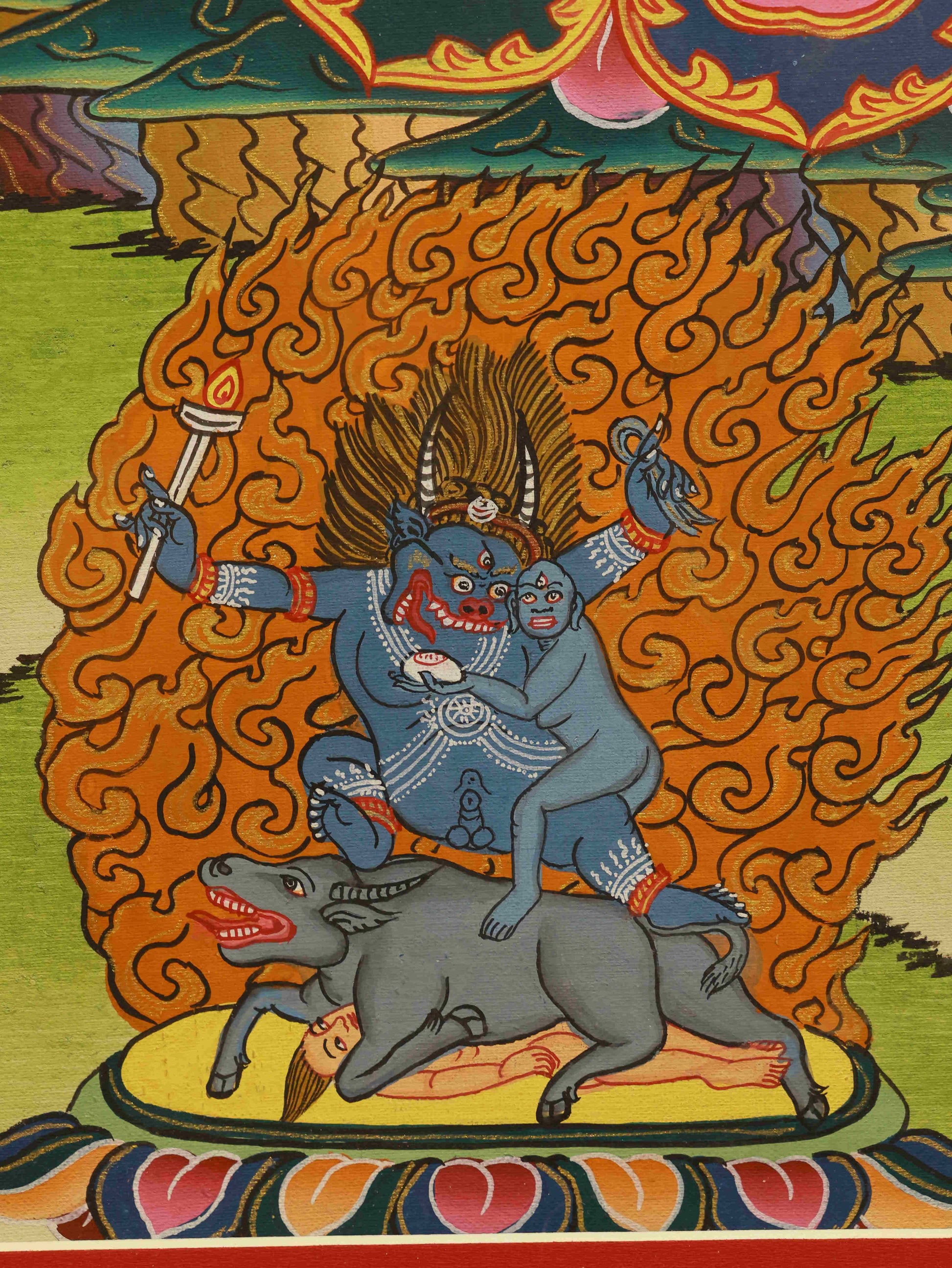 Tibetan Buddha art Thangka of Yellow Jambhala, a hand-drawn masterpiece on fabric representing generosity and spiritual wealth.