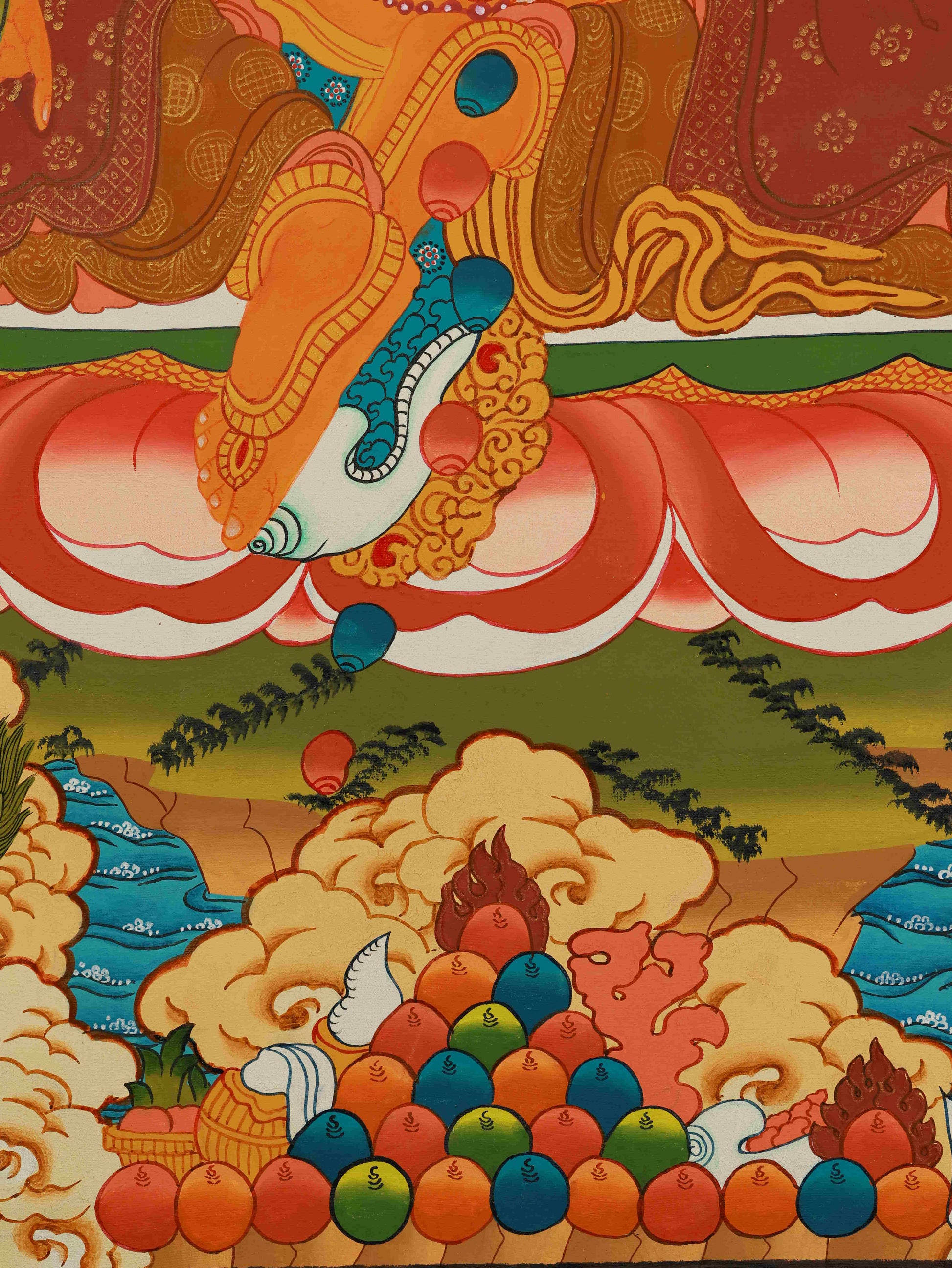 Sacred Tibetan-Buddhist Yellow Jambhala Thangka painting, handcrafted on traditional canvas with mineral pigments.