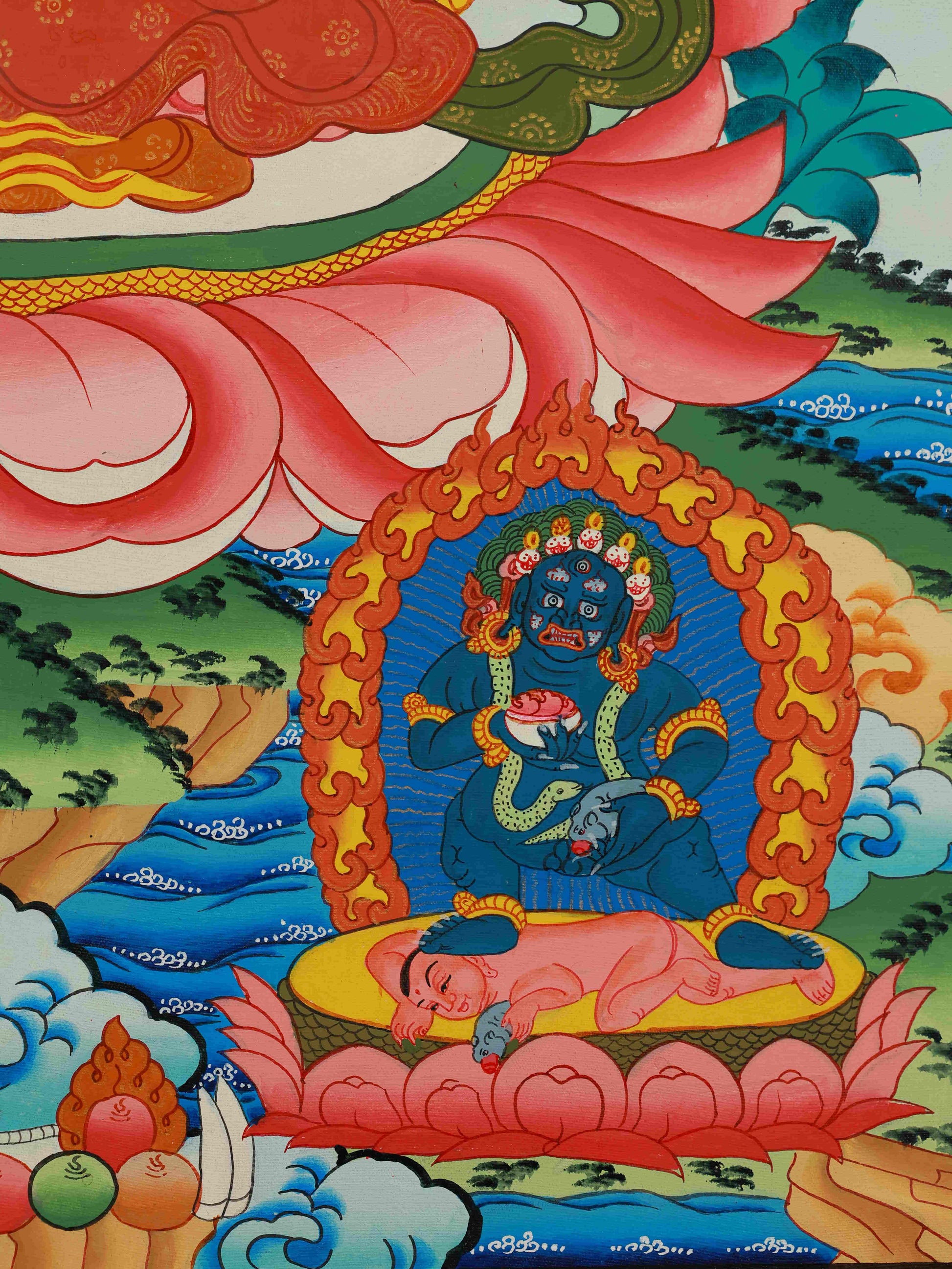 Handcrafted Tibetan Thangka painting of Yellow Jambhala, the Buddhist God of Wealth, painted on canvas.