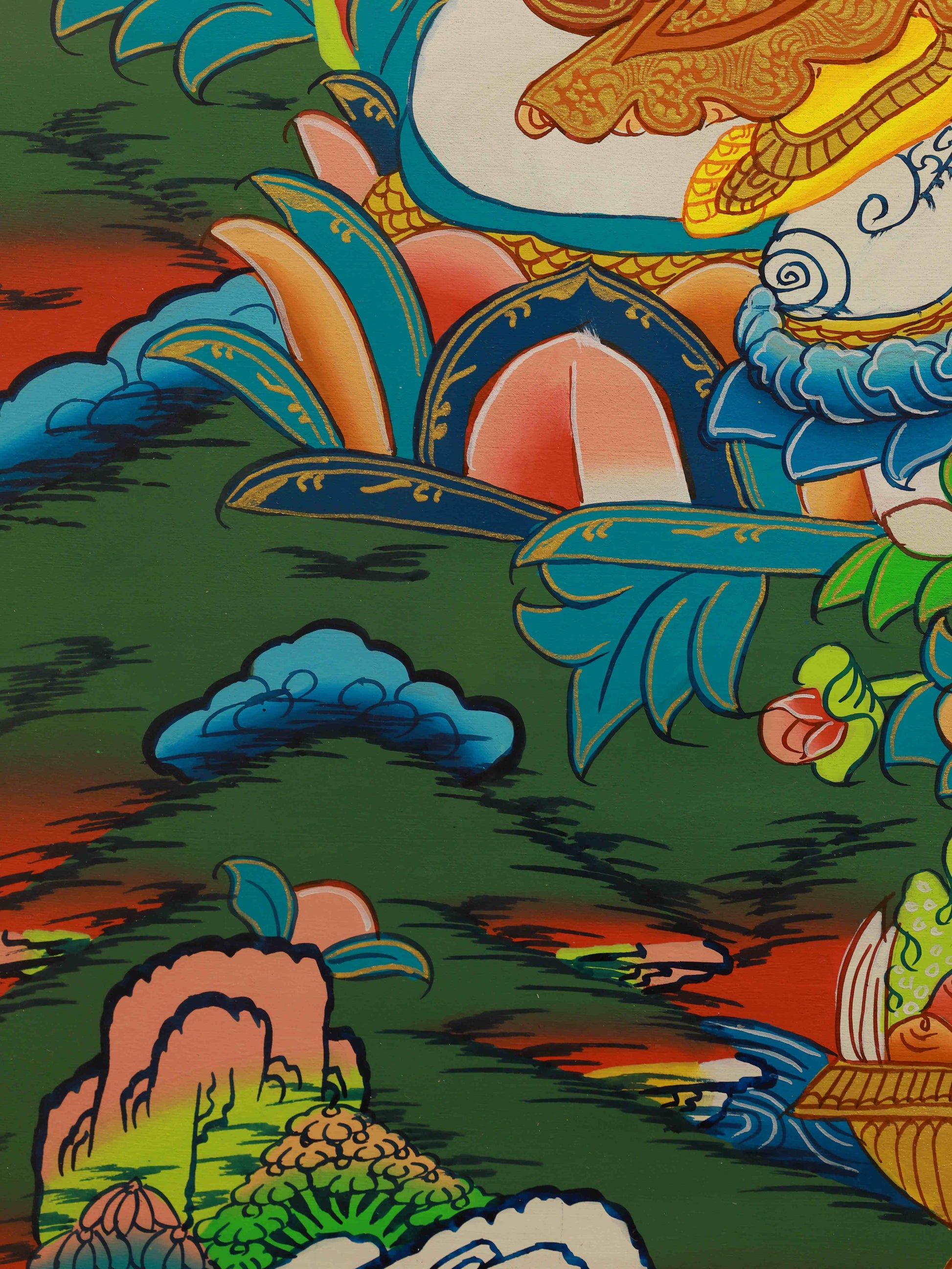 Sacred Tibetan Thangka art of Yellow Jambhala, ideal for home altar or meditation room.