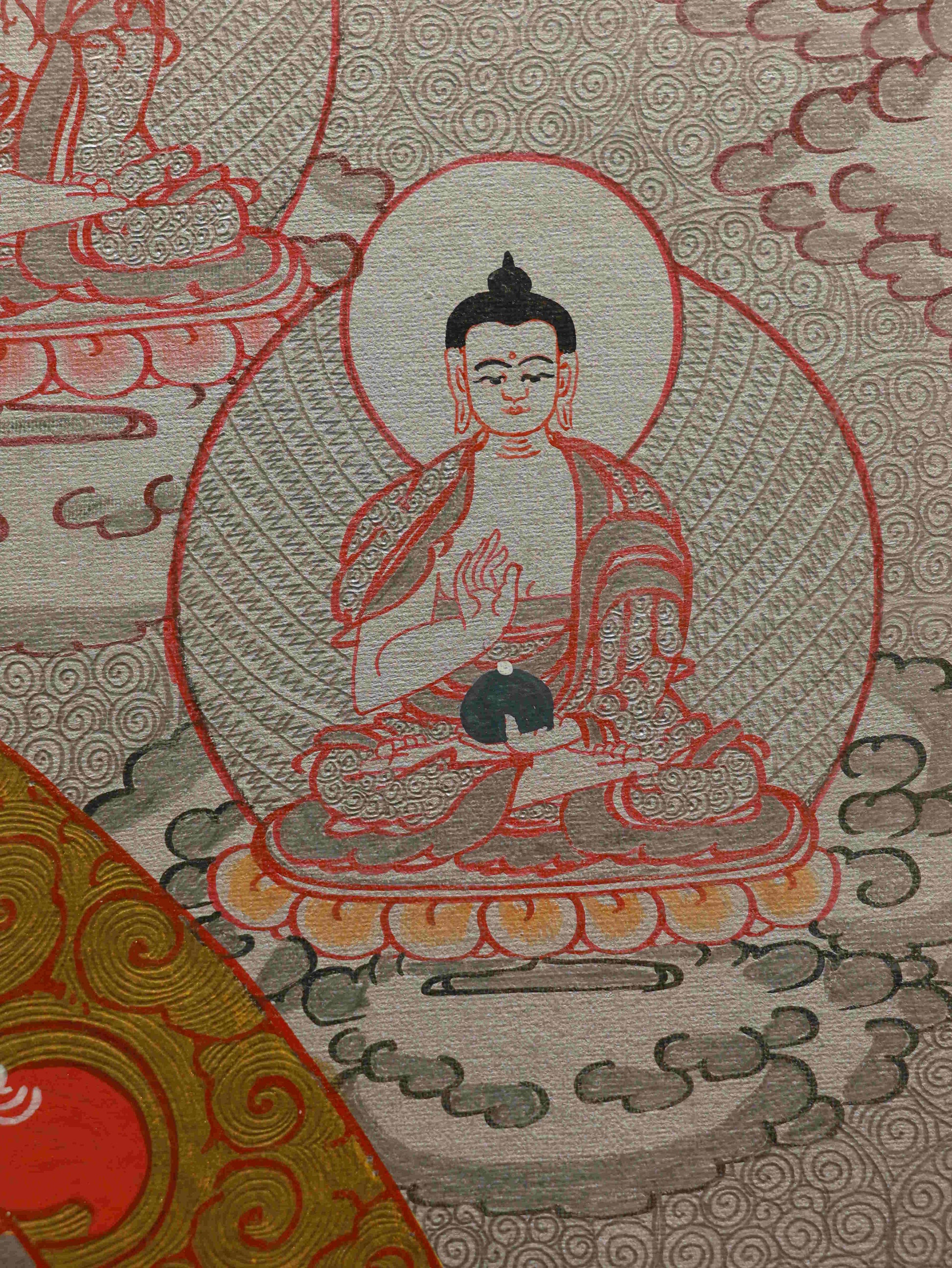 Hand-painted Tibetan Buddhist Thangka depicting Yellow Dzambhala Bodhisattva.