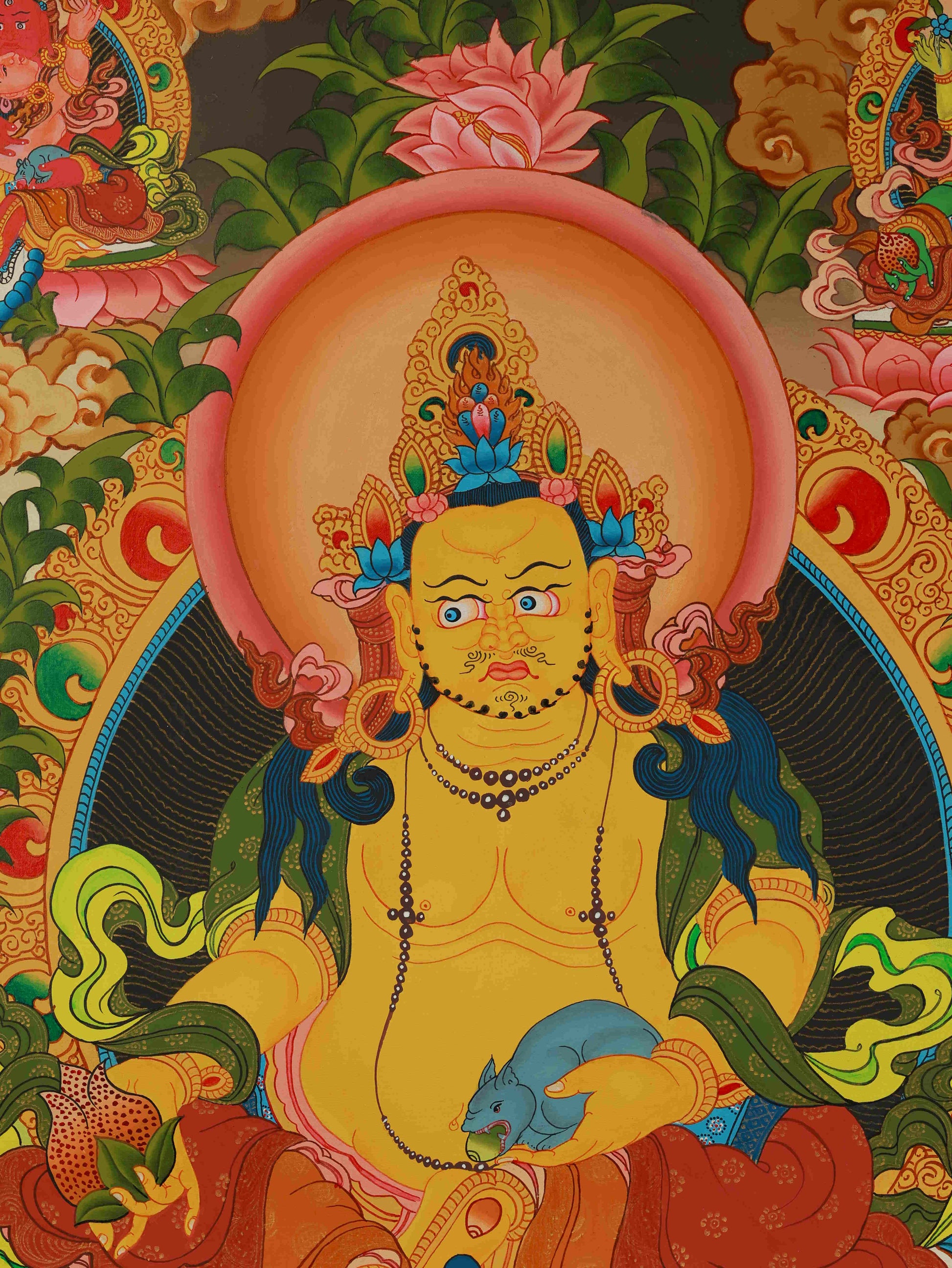 Handcrafted Tibetan Thangka painting of Yellow Jambhala, traditional Buddhist art for wealth and blessings.