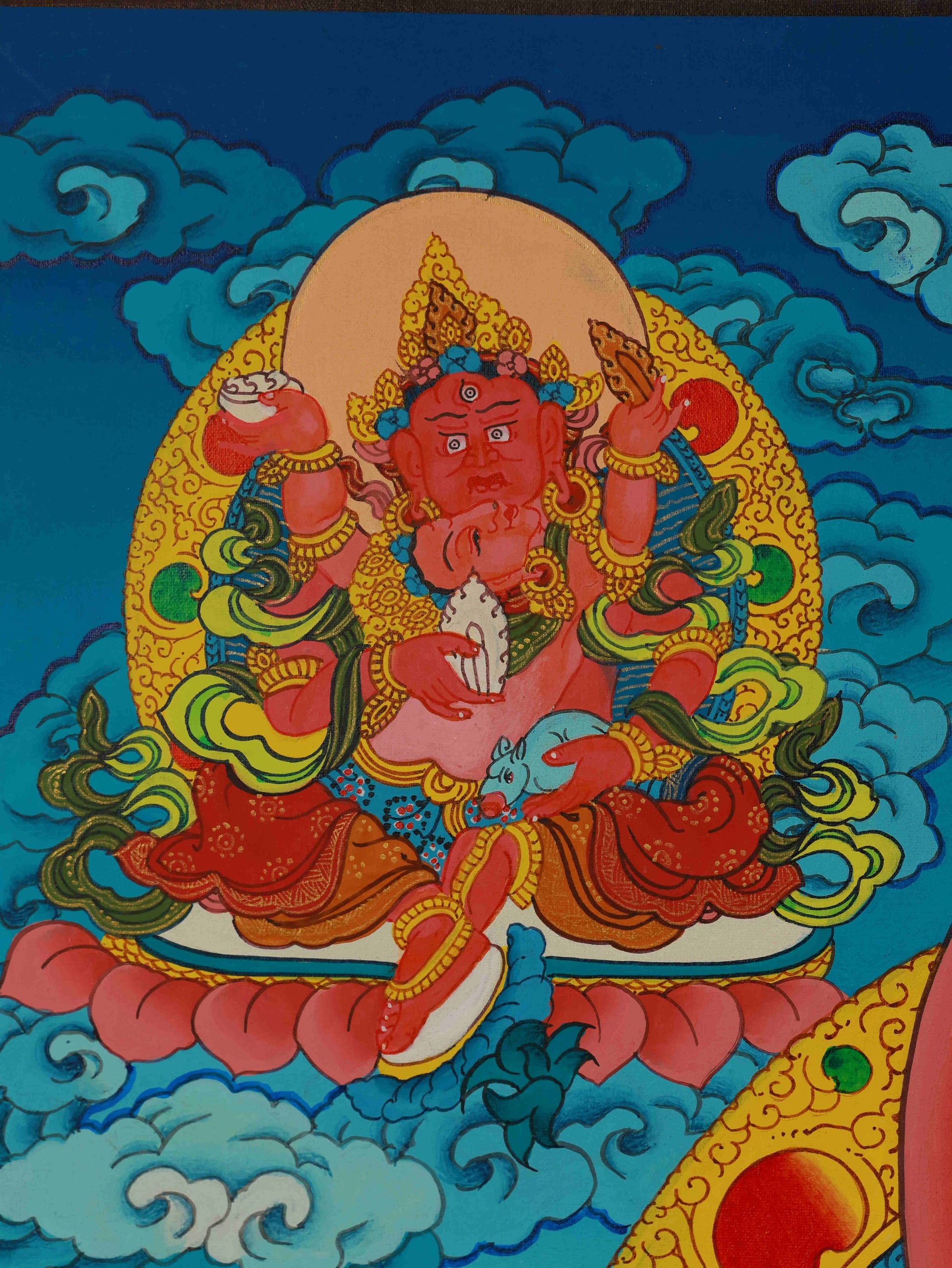 Sacred Tibetan-Buddhist Yellow Jambhala Thangka, handmade with pure hand-painted techniques.