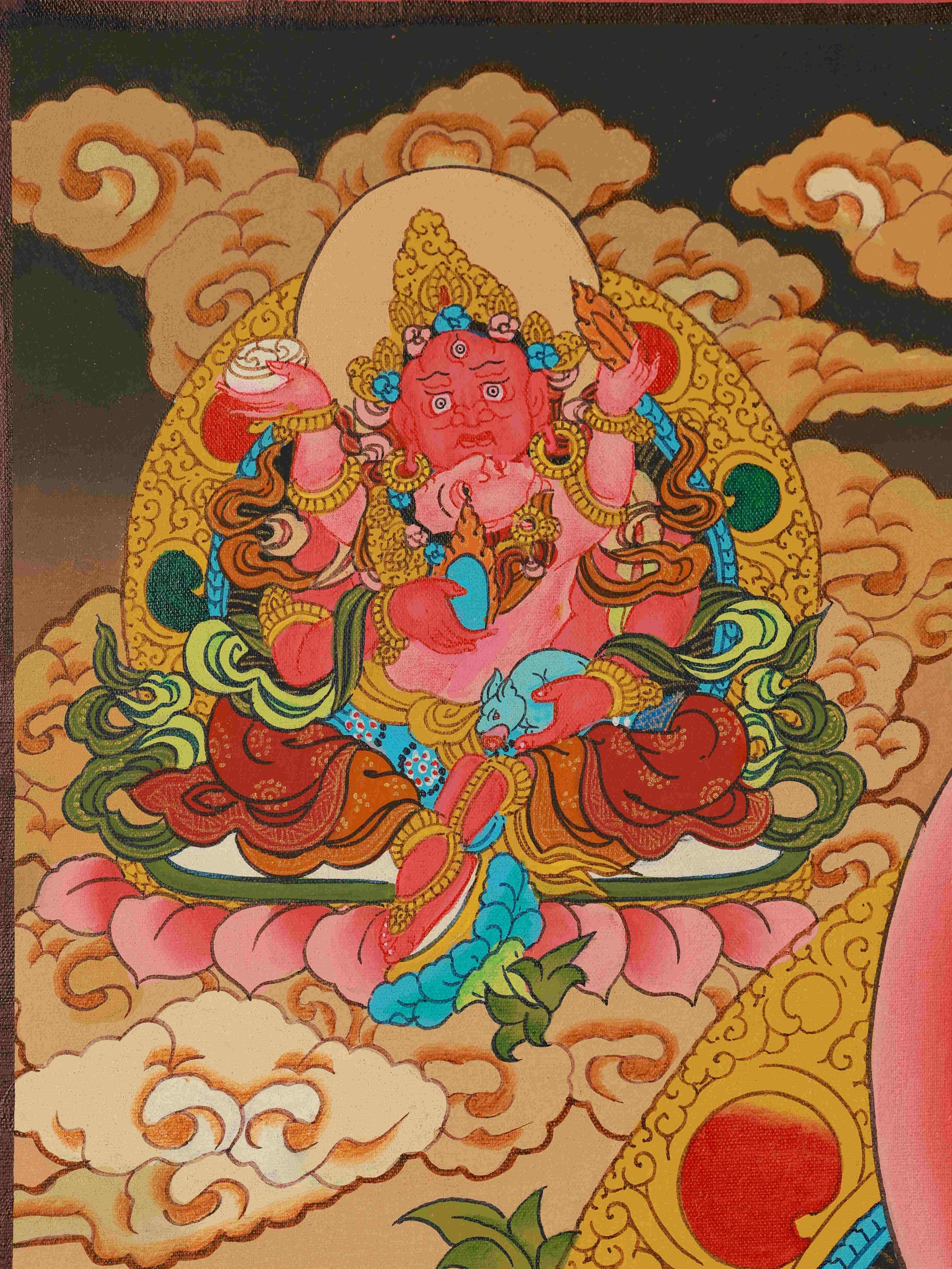 Tibetan Buddhist Yellow Dzambhala Thangka, hand-painted on canvas using traditional thangka painting techniques.