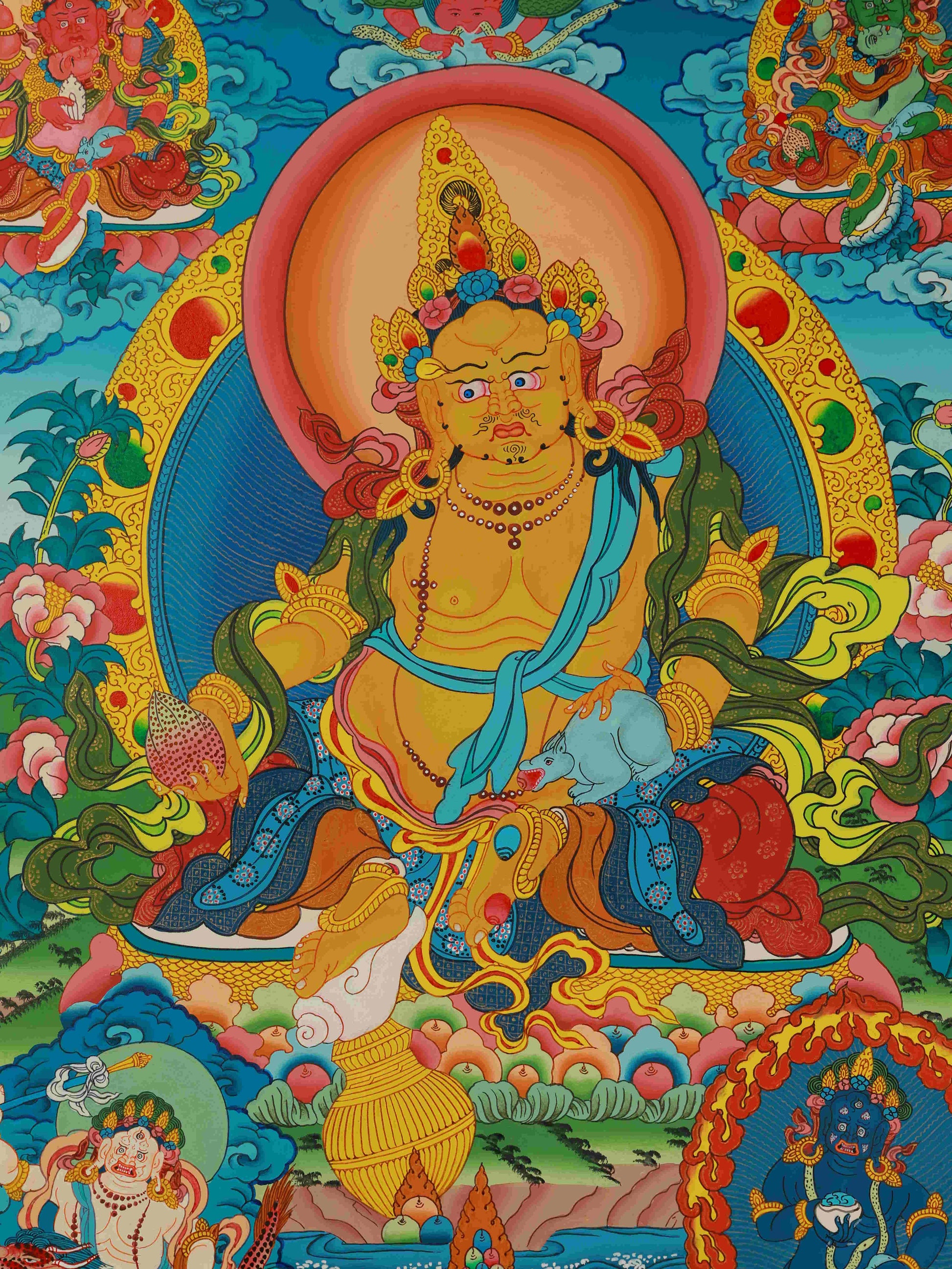 Handcrafted Yellow Jambhala Thangka on canvas, symbolizing wealth, career success, and spiritual blessings.