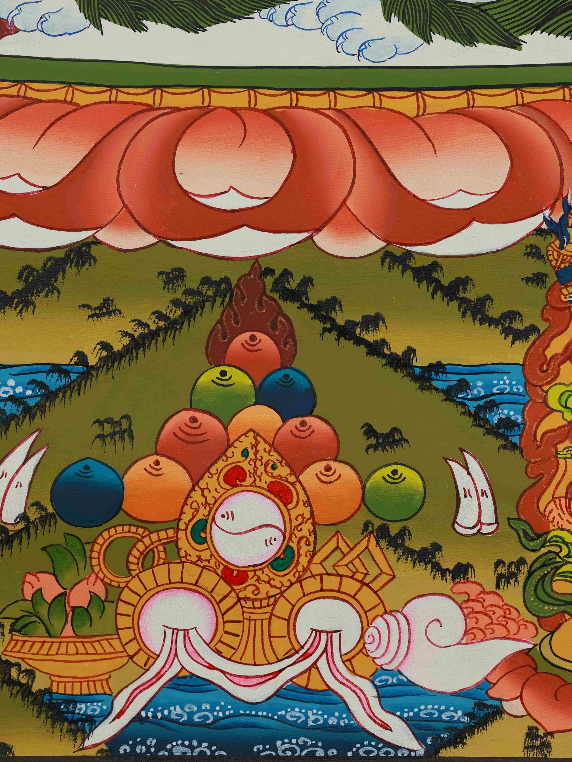 Hand-painted Tibetan-buddhist Thangka of Yellow Jambhala, crafted in traditional style with mineral pigment colors and detailed Buddha art motifs.