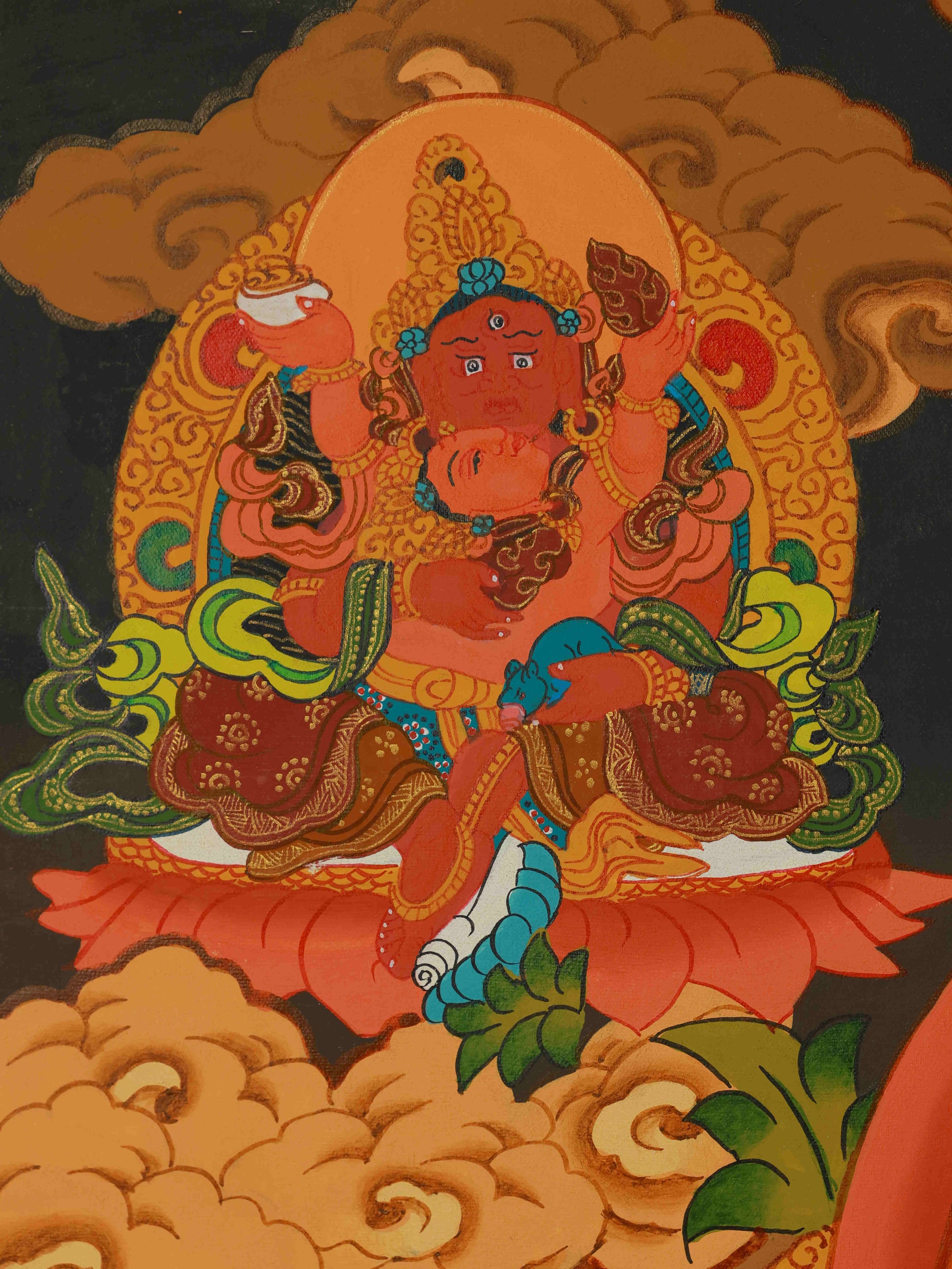 Yellow Dzambhala (Jambhala) Thangka painting for wealth, prosperity, and spiritual blessings in Tibetan Buddhist tradition.