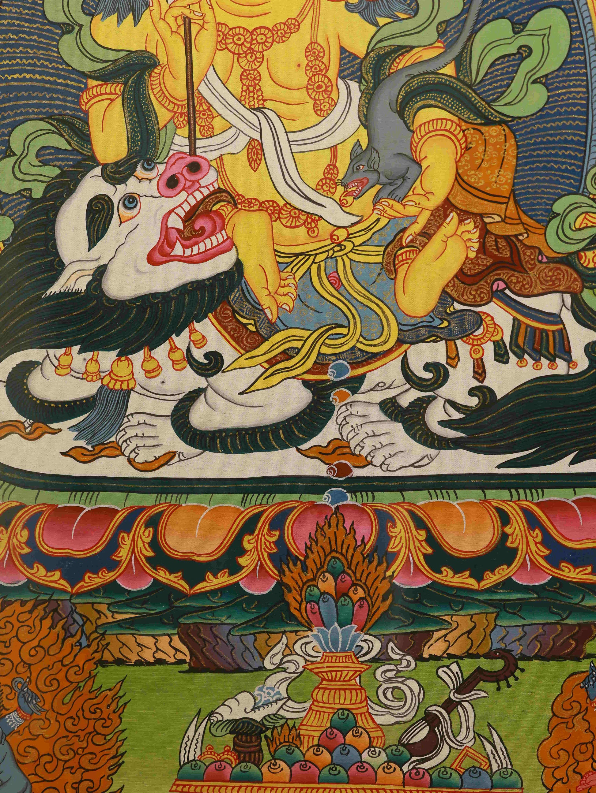 Tibetan Buddha Thangka of Yellow Jambhala, detailed with mineral pigments and pure hand-painting in the traditional Buddhist art style.