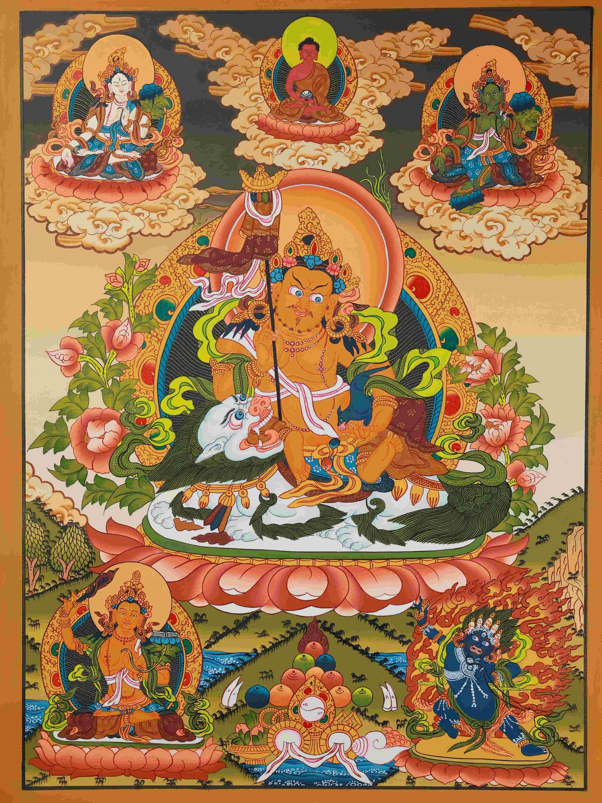 Hand-painted Tibetan Buddhist Yellow Jambhala Thangka on canvas, representing the Wealth Deity in Tibetan Buddha art, crafted with natural mineral pigments.
