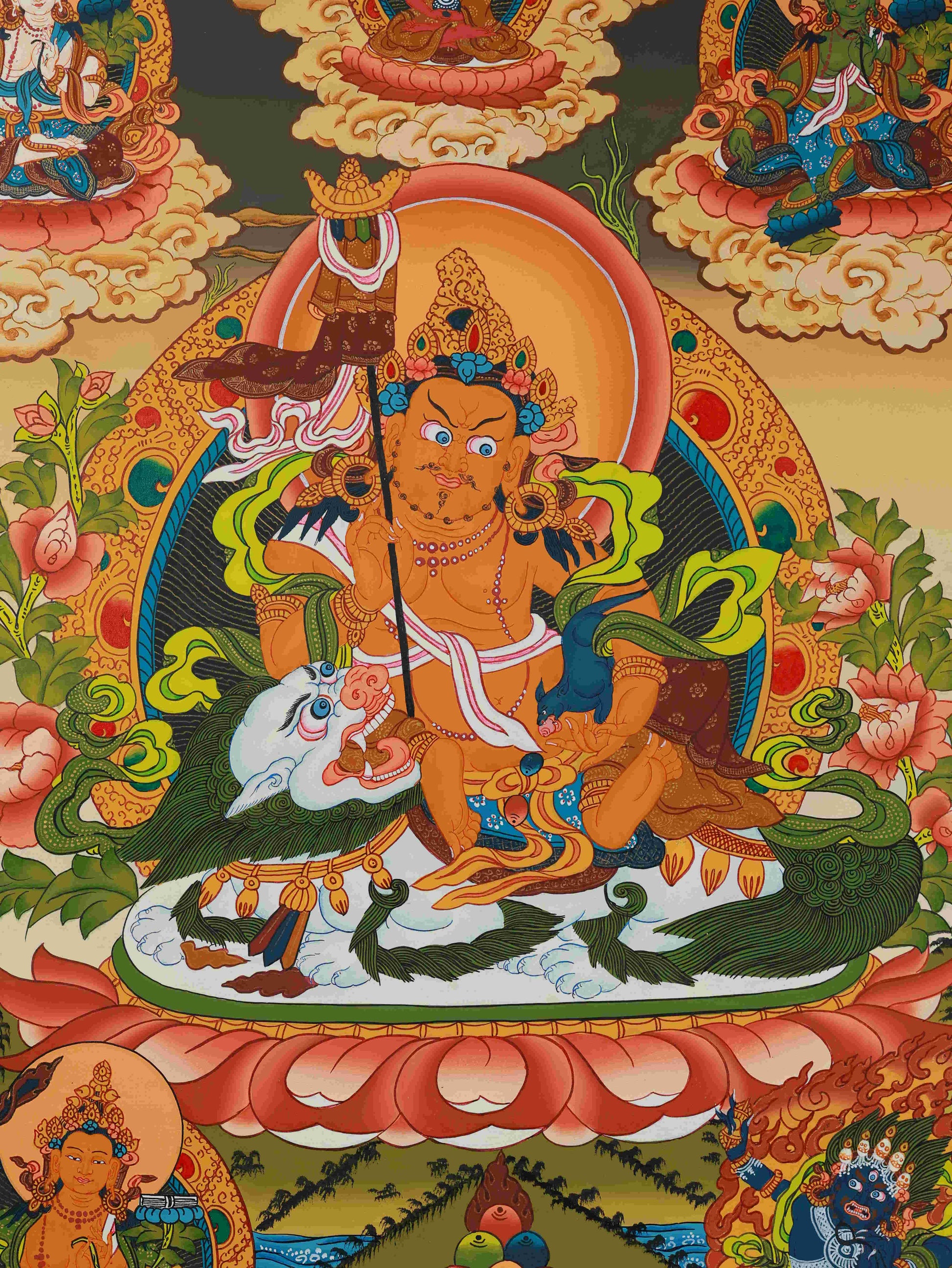 Tibetan Buddha Yellow Jambhala Thangka painting, symbolizing wealth and success, handmade with devotion using traditional Tibetan art techniques.