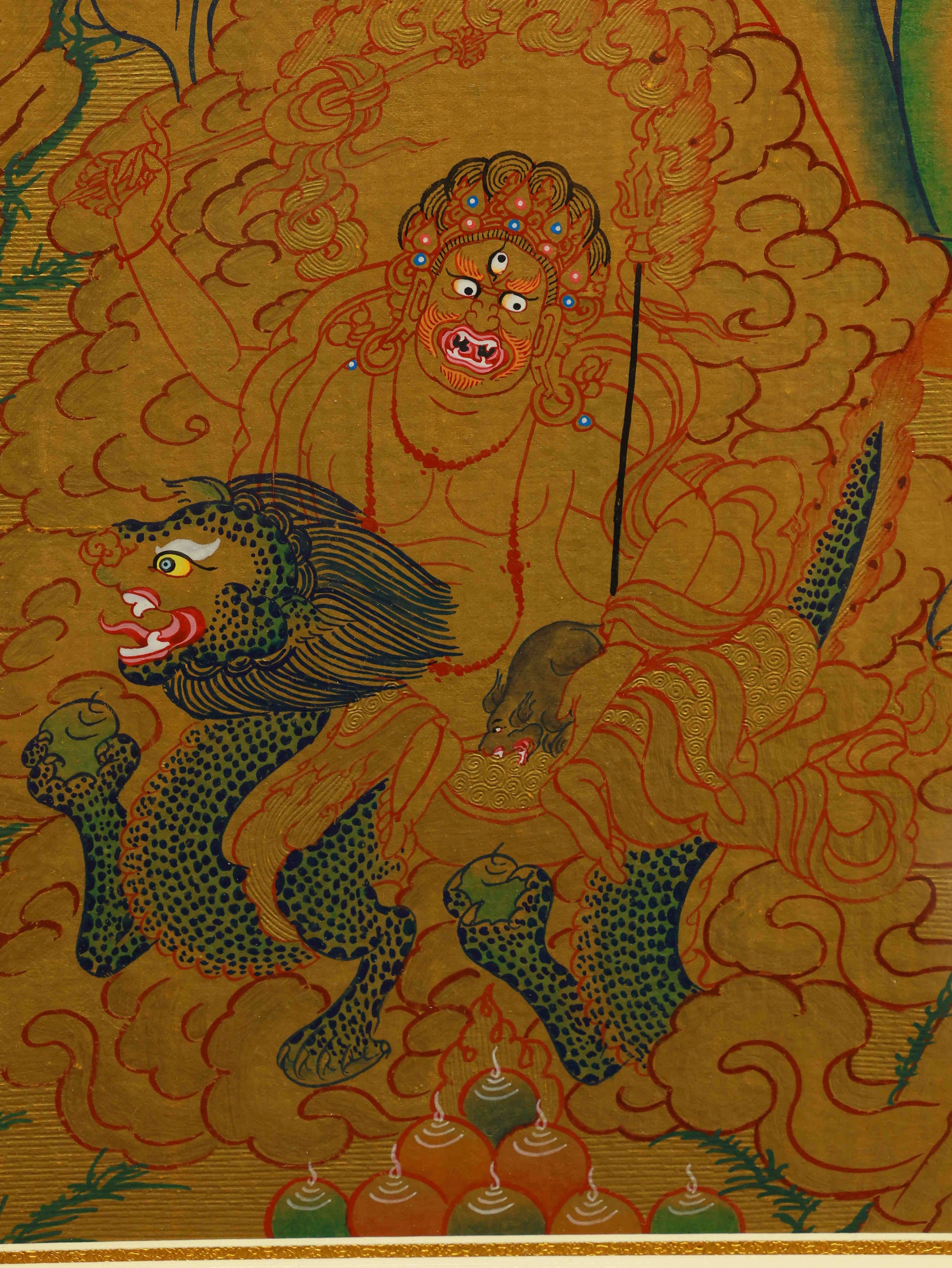 Tibetan Thangka painting of Yellow Jambhala with Chinese zodiac symbols, blending prosperity and cosmic harmony.