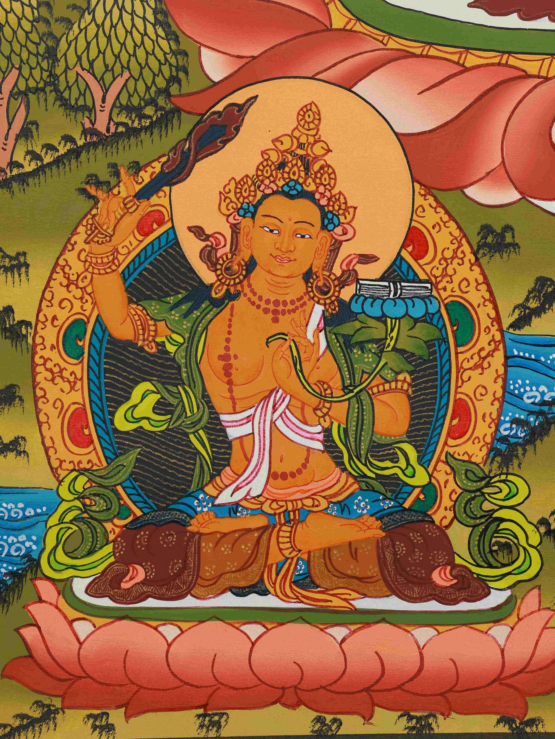 Tibetan-buddhist Yellow Jambhala Thangka featuring detailed Buddha art, symbol of prosperity and good fortune, hand-painted with mineral pigments.