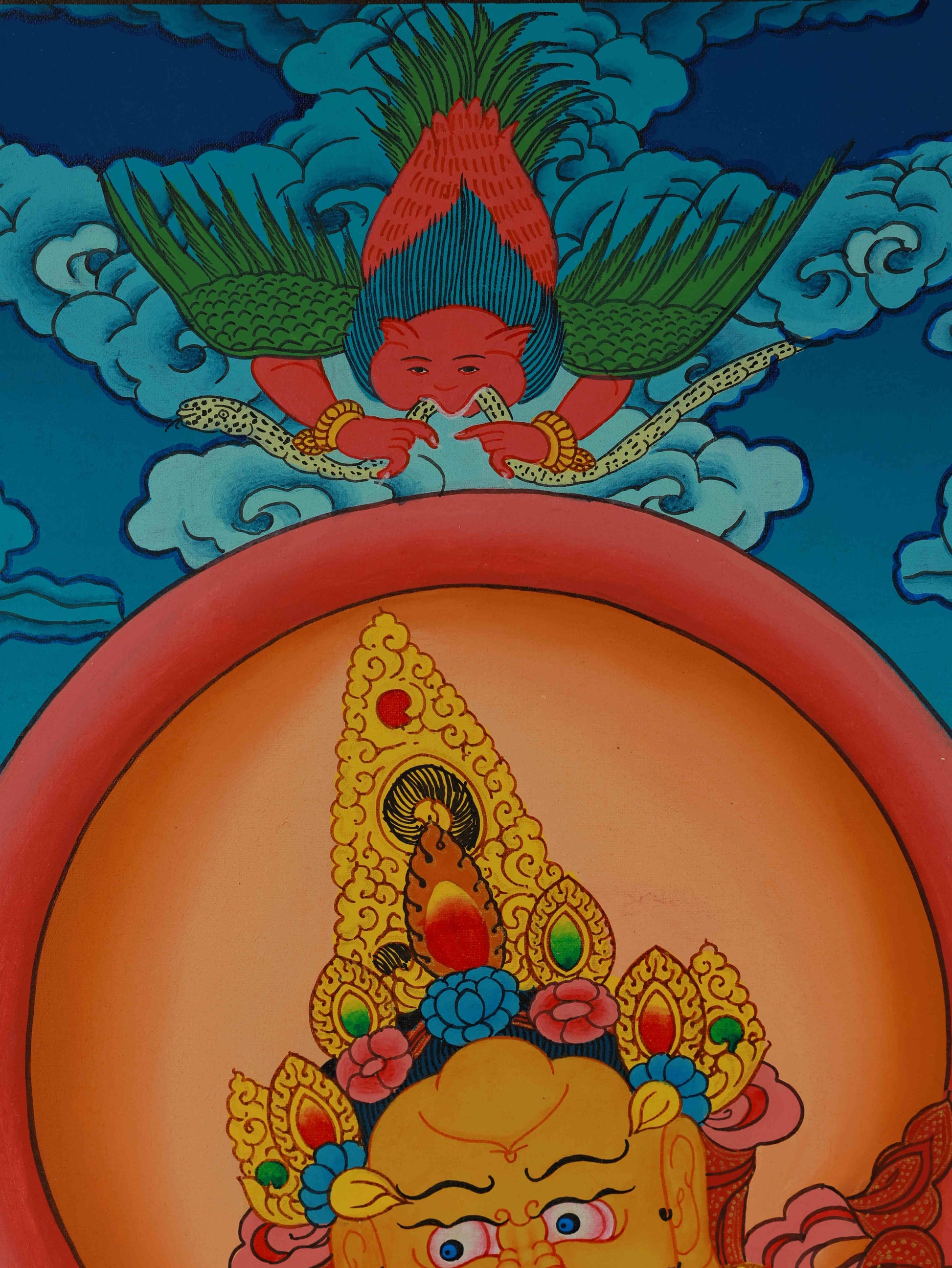 Yellow Dzambhala Thangka painting, hand-painted with mineral pigments, for prosperity, protection, and spiritual growth.