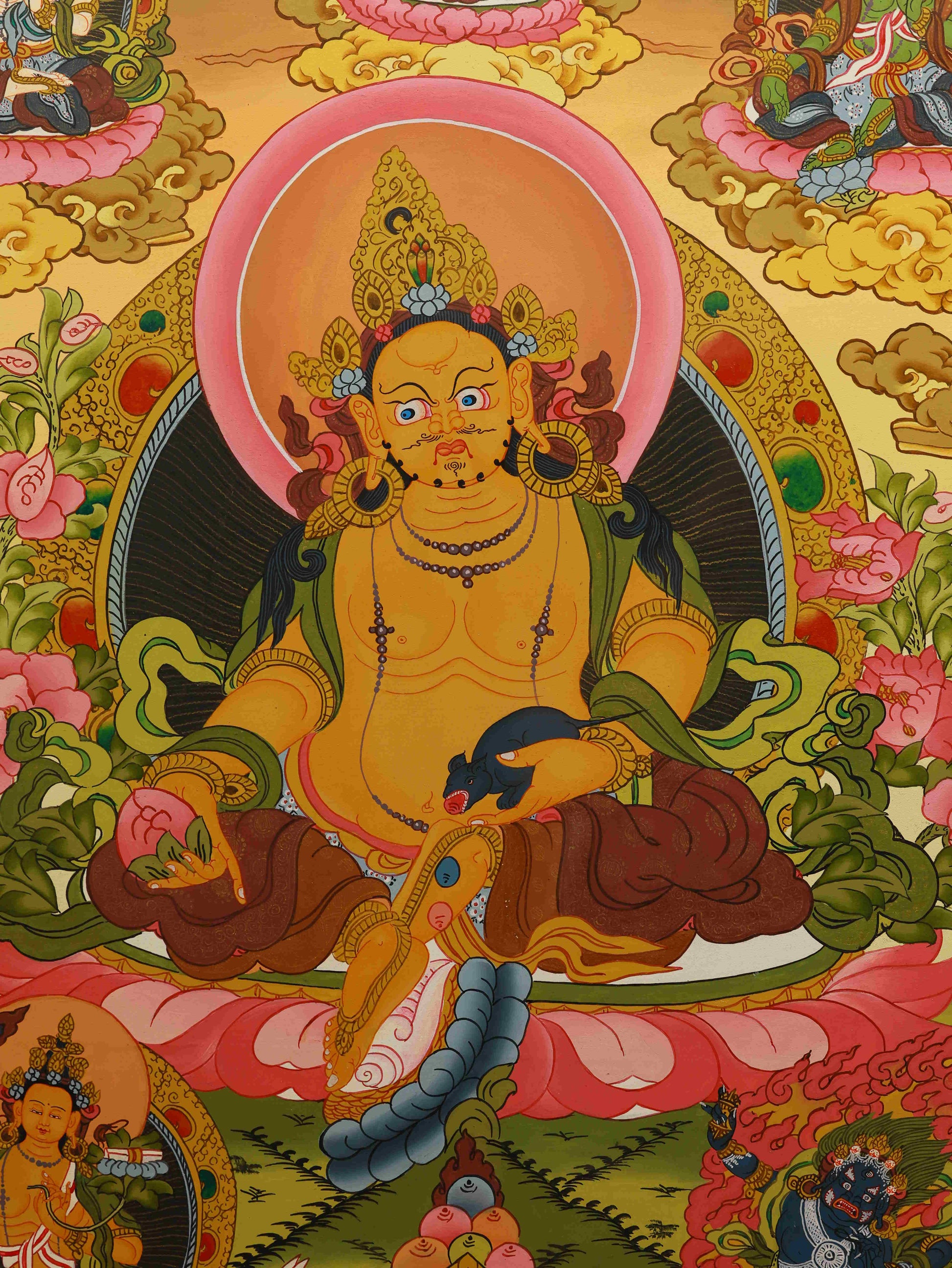 Yellow Jambhala Thangka art perfect for home altar or meditation space.