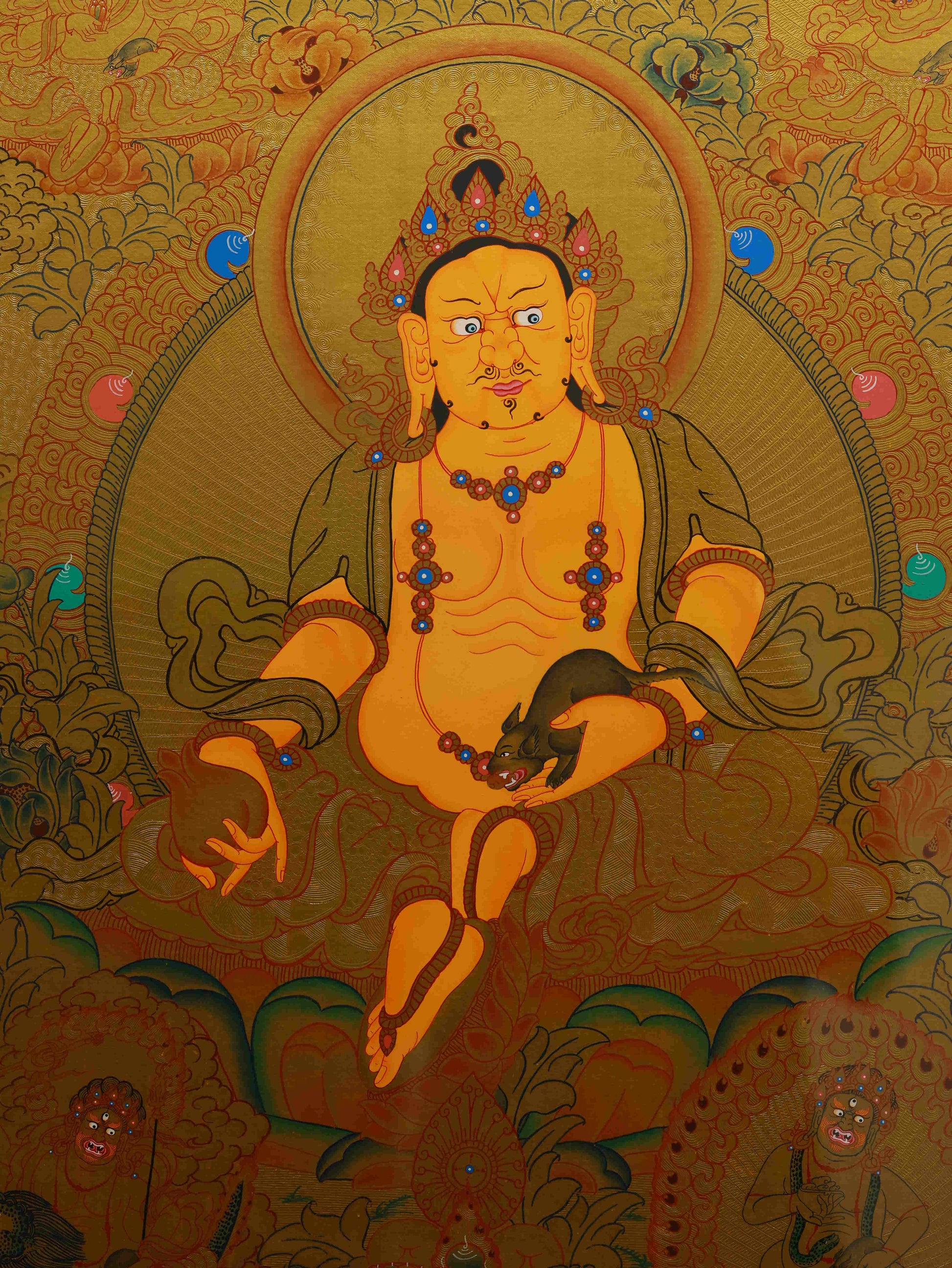 Tibetan Buddhist Thangka of Yellow Jambhala, sacred handmade artwork attracting abundance and blessings.
