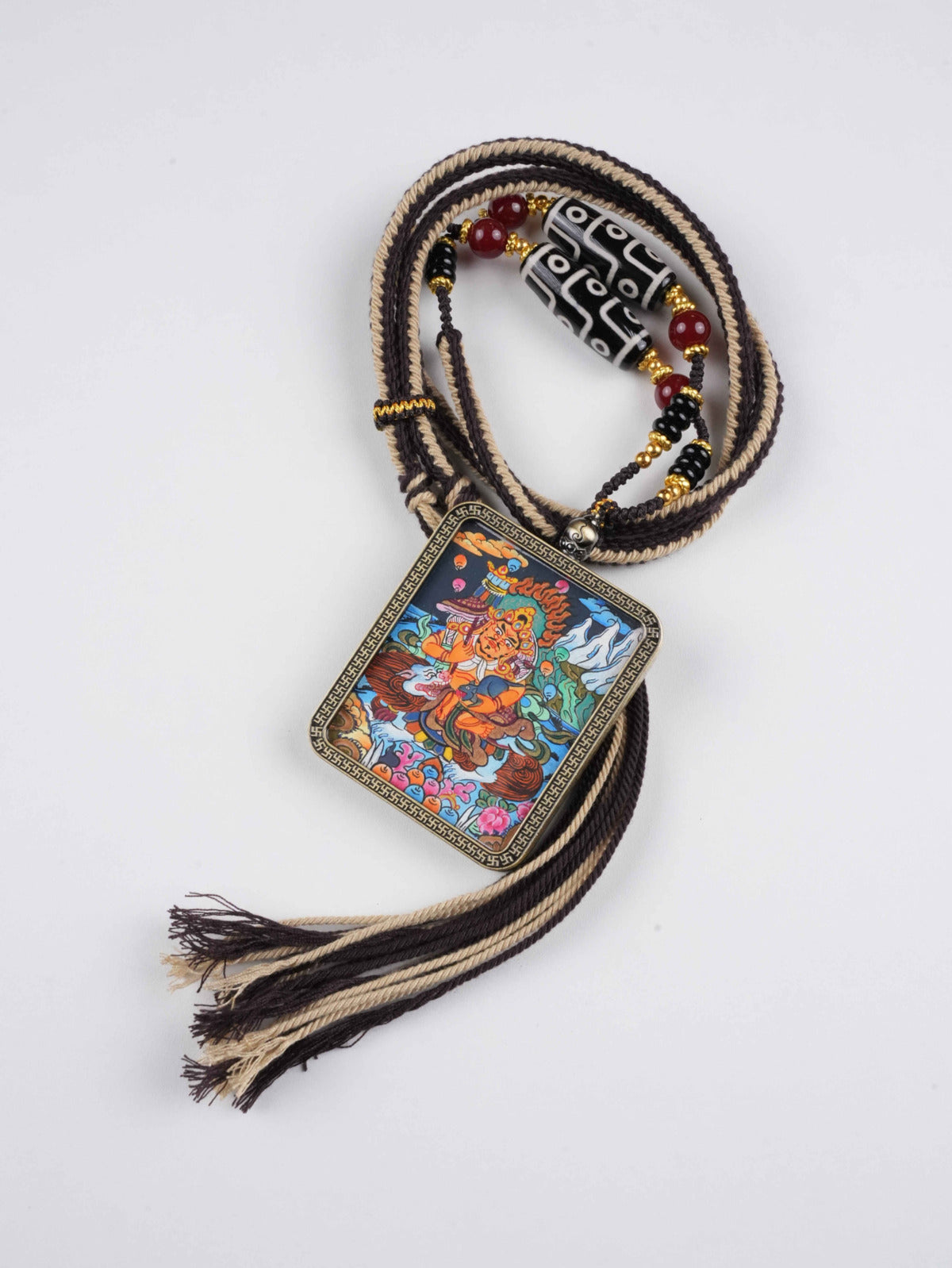 Yellow Jambhala thangka pendant with natural mineral pigments - Authentic craftsmanship