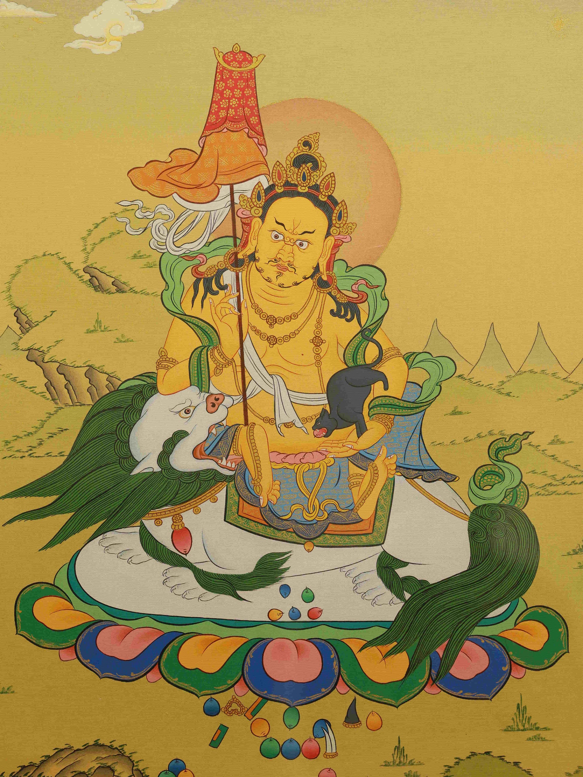 Tibetan Buddhist Thangka Painting - Yellow Jambhala with Wealth Mongoose