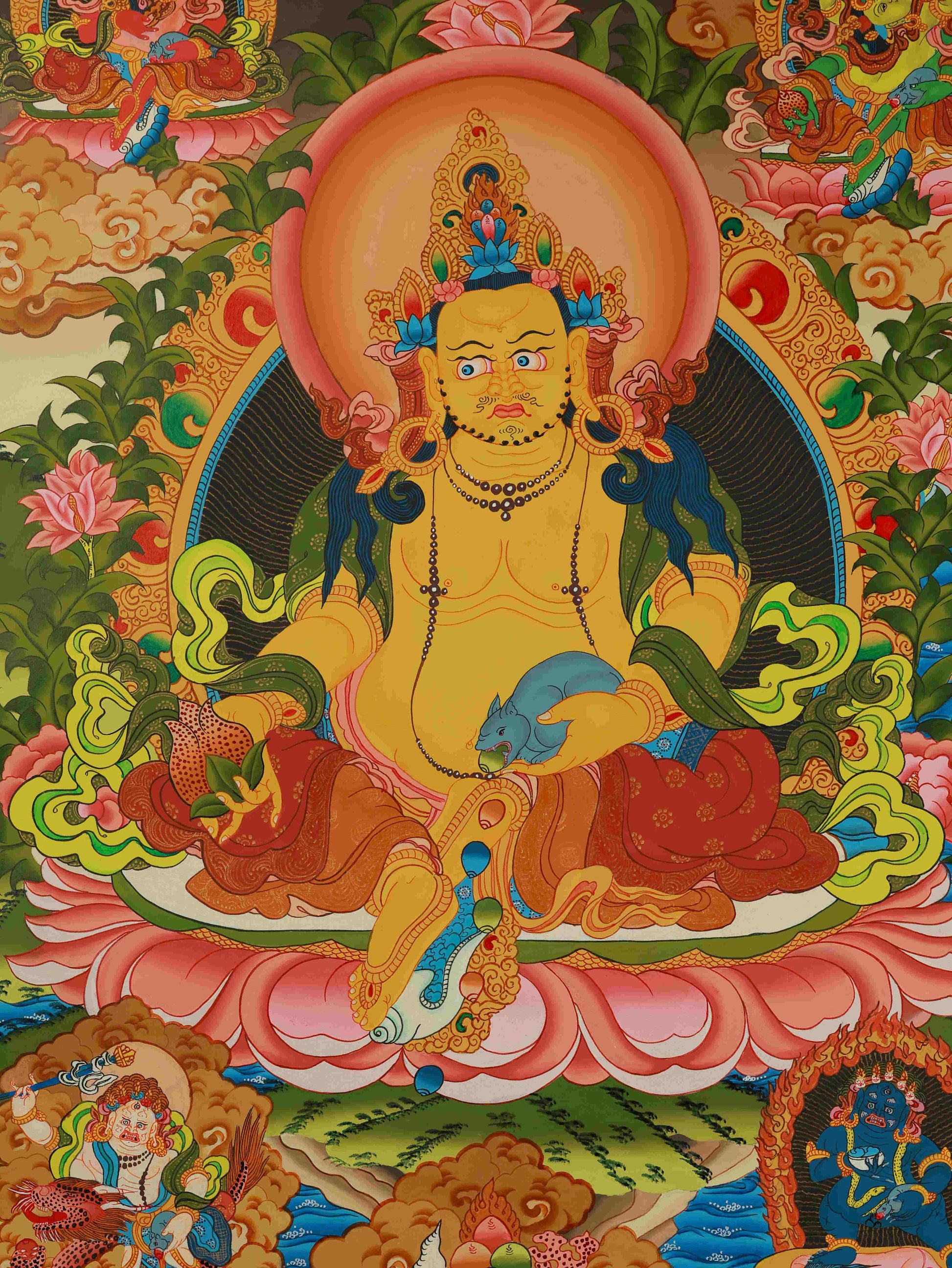 Tibetan-Buddhist Yellow Jambhala Thangka painting, symbol of wealth and prosperity in Tibetan Thangka art.