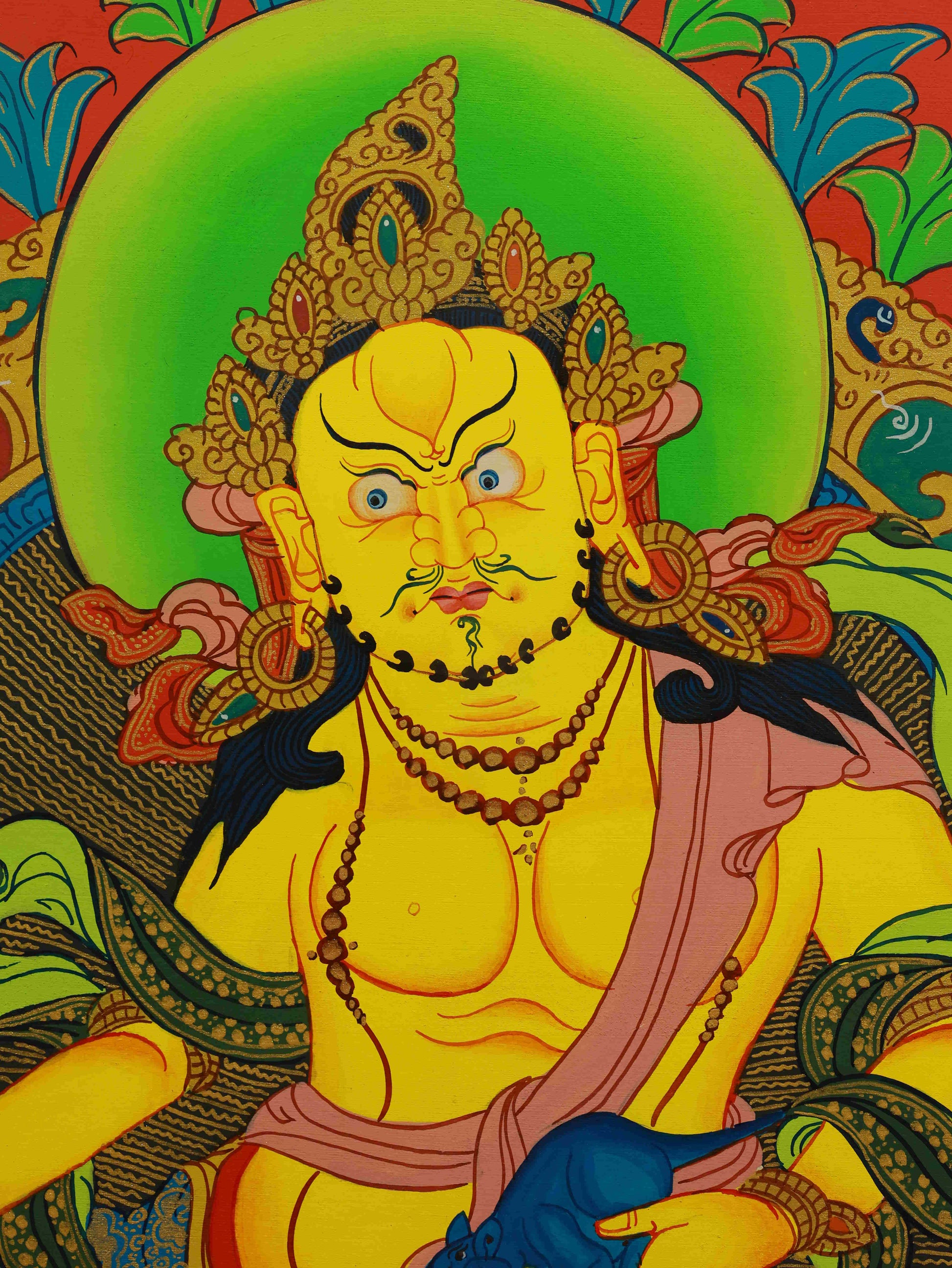 Yellow Jambhala Thangka painting symbolizing material wealth and spiritual growth.