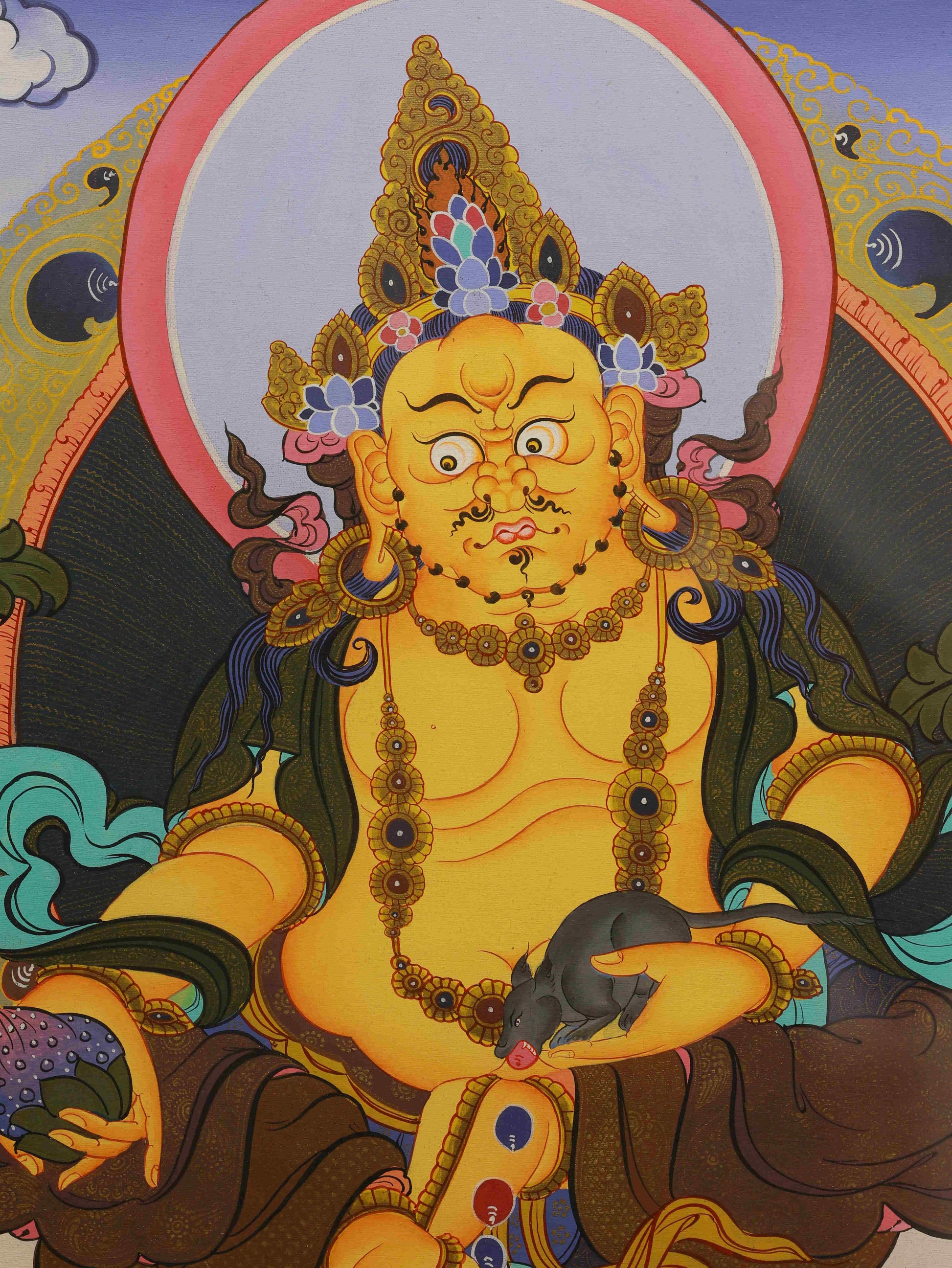 Authentic handmade Tibetan Thangka featuring Yellow Wealth Deity, crafted with natural mineral pigments.