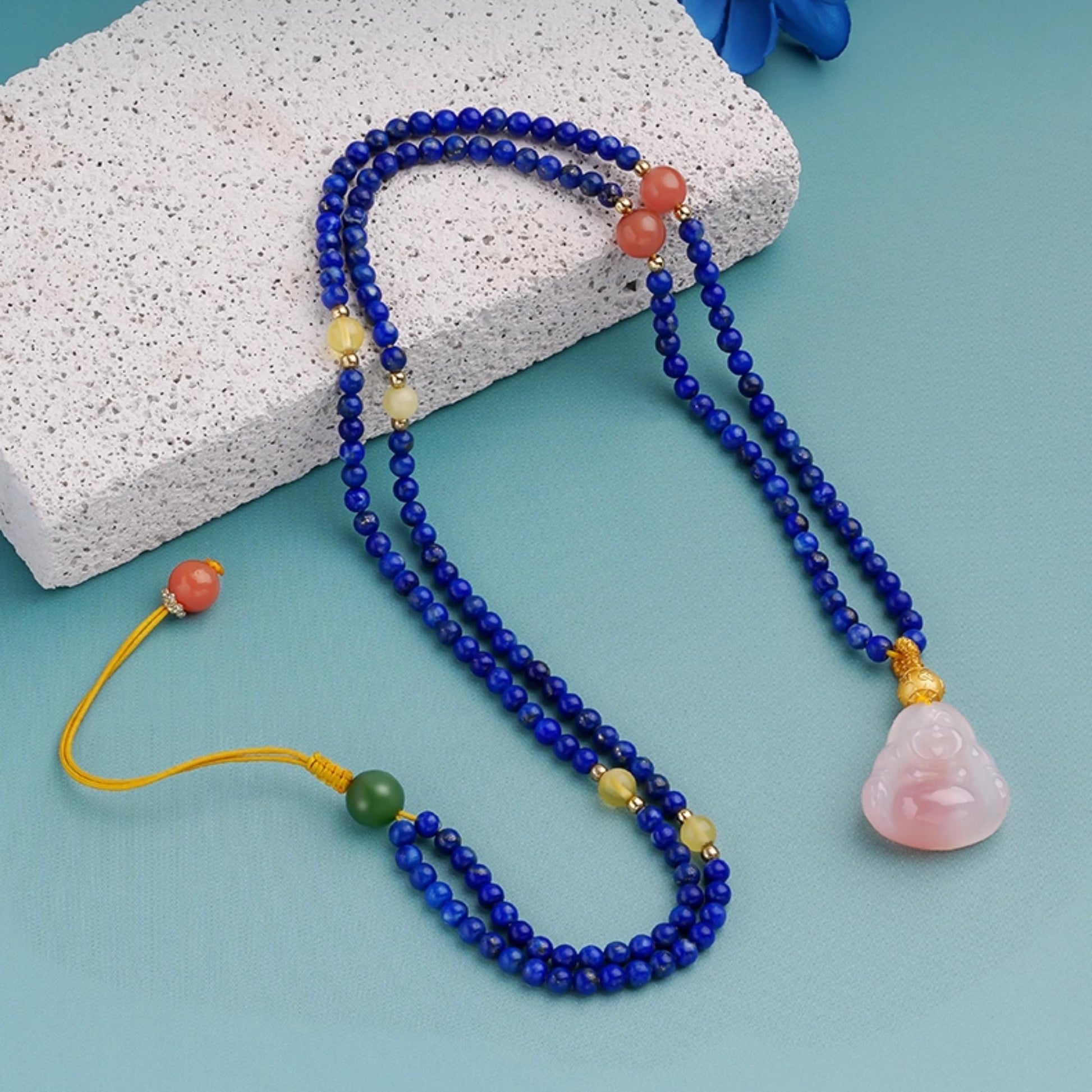 Handmade Tibetan Buddhist Yinghua Lapis Agate Necklace – Spiritual Jewelry with Amber, Jade, and 925 Silver