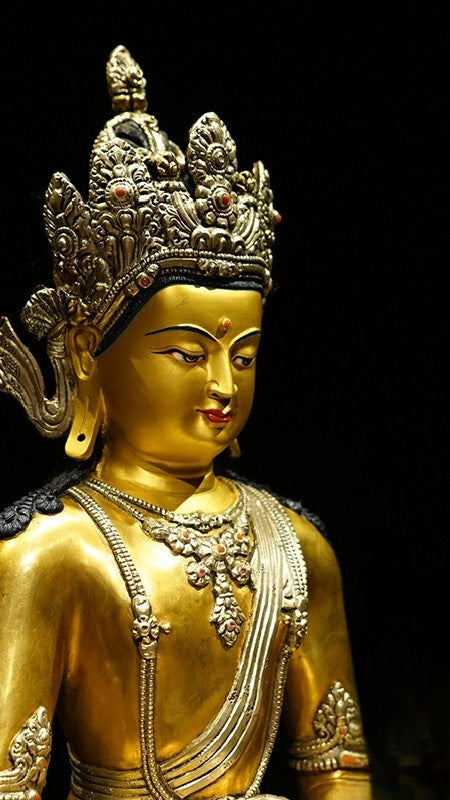"Tibetan Buddhist Zanabazar Amitabha Buddha statue crafted from copper and enhanced with vibrant mineral paints, a true work of art for spiritual spaces." 