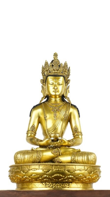 "A stunning handcrafted copper Tibetan Buddhist Zanabazar Amitabha Buddha statue, adorned with delicate mineral painting for an elegant spiritual presence." 