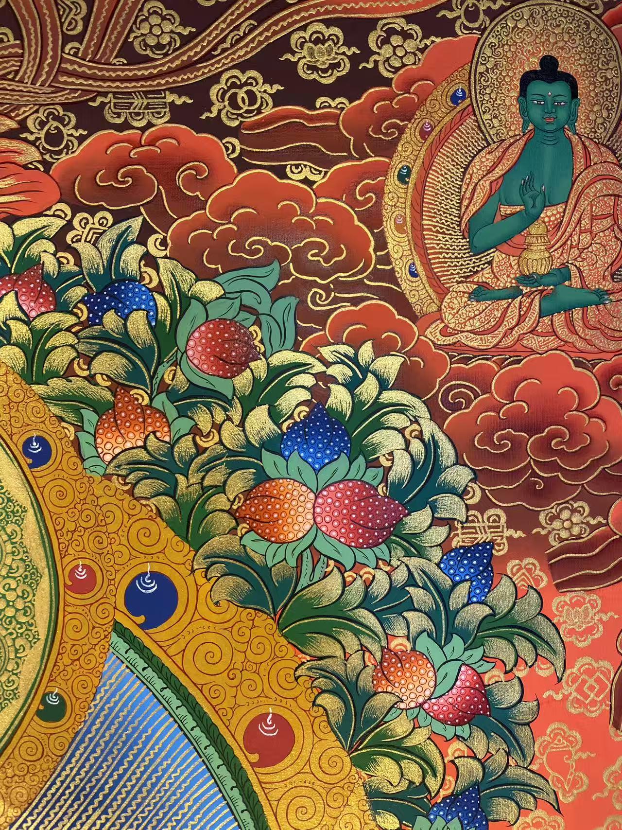 Traditional Tibetan Buddhist Zangdi Wang Bodhisattva thangka painting, handmade Tibetan thangka art with mineral pigment details.