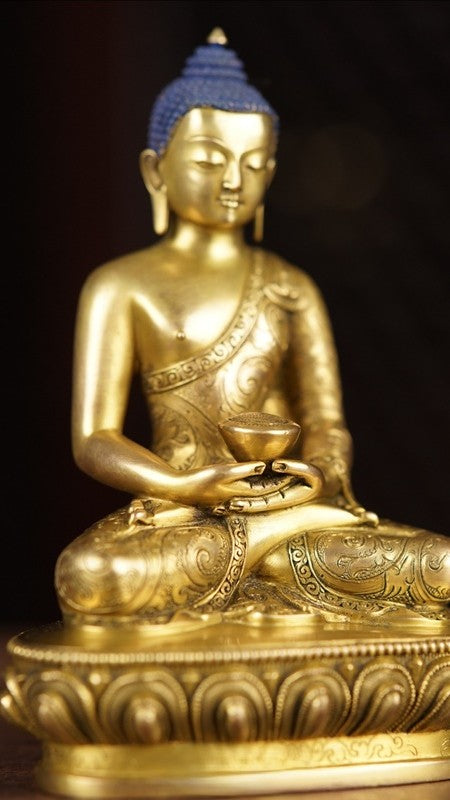 Exquisite Zhana Bazar style Amitabha Buddha statue, handcrafted with mineral pigment painting on purple copper. A stunning representation of Tibetan Buddhist art offering peace, wisdom, and compassion.