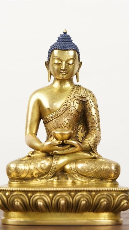 Elegant Zhana Bazar style Amitabha Buddha statue crafted from purple copper and hand-painted with mineral pigments. A significant Tibetan Buddhist statue representing compassion and spiritual growth.