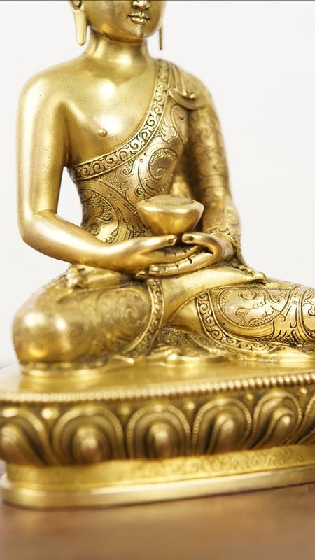 Beautiful Amitabha Buddha statue in Zhana Bazar style, made from handcrafted copper with mineral pigment painting. A striking Tibetan Buddhist sculpture that symbolizes spiritual awakening and peace.