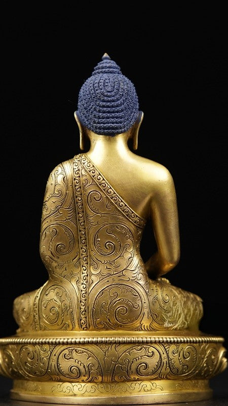 Amitabha Buddha statue handcrafted in Zhana Bazar style from purple copper and adorned with mineral pigment artwork. A fine example of Tibetan Buddhist art that brings serenity and protection.