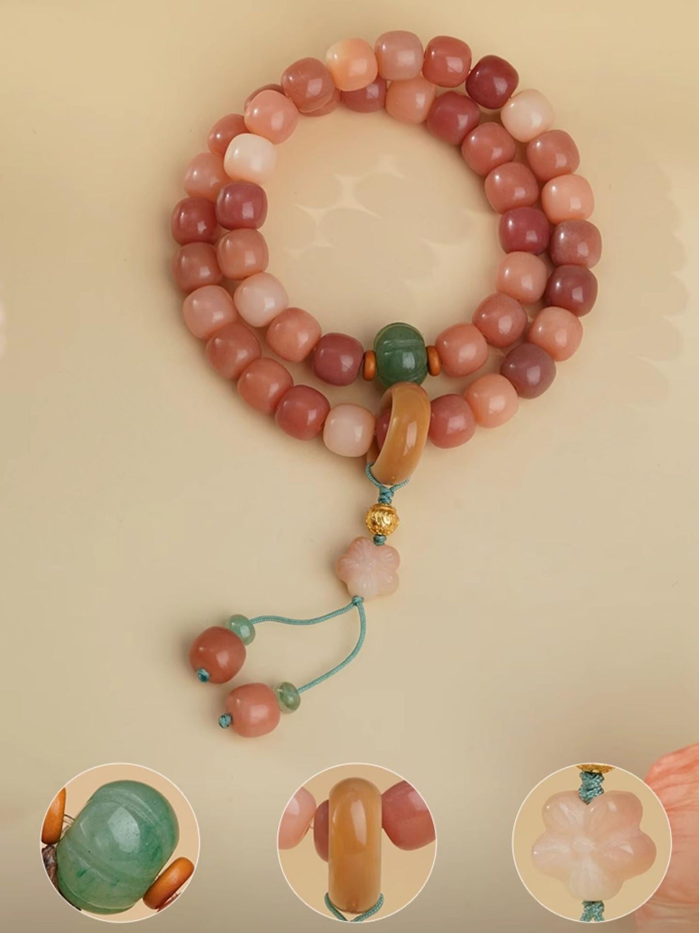 Zhaohongyan Bodhi bracelet featuring handcrafted Bodhi beads, Aventurine accents, and sterling silver mantra bead in Tibetan style.