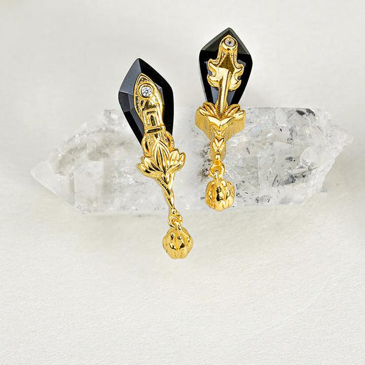 "Handmade Tibetan Buddhist Zhihui Jian ear studs in S925 silver with black agate, symbolizing wisdom and clarity."