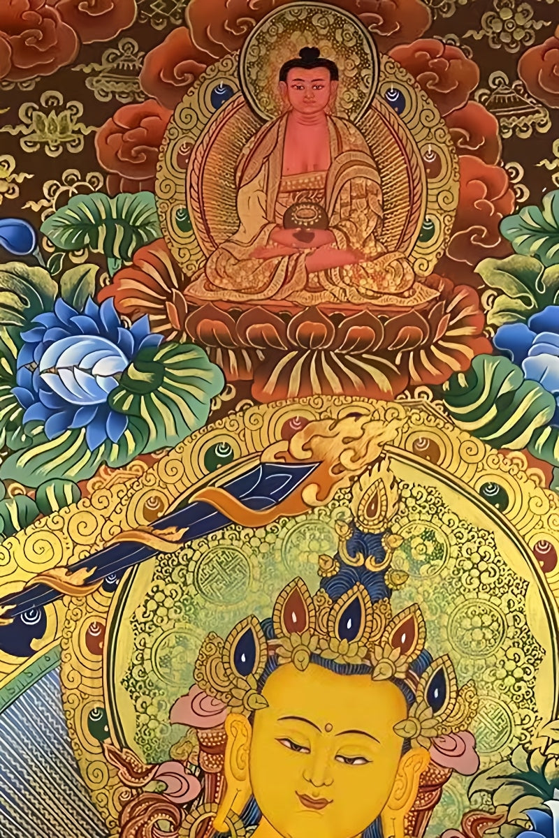 Authentic Tibetan Four-Armed Avalokiteshvara and Manjushri Thangka Painting, handmade with mineral pigments on traditional Tibetan canvas